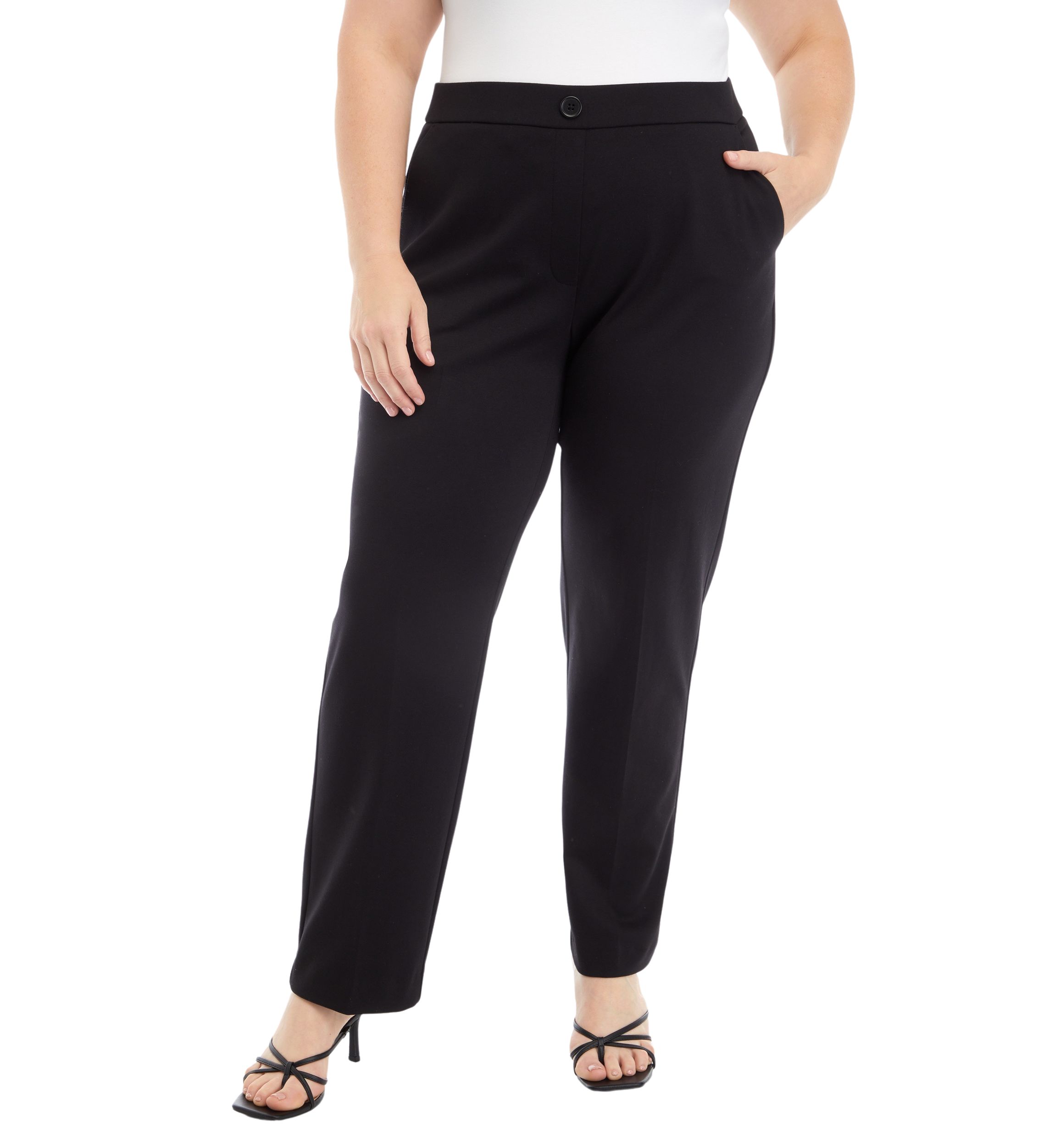 Plus Size Pull On One Button Faux Fly Straight Leg Ponte Pants 