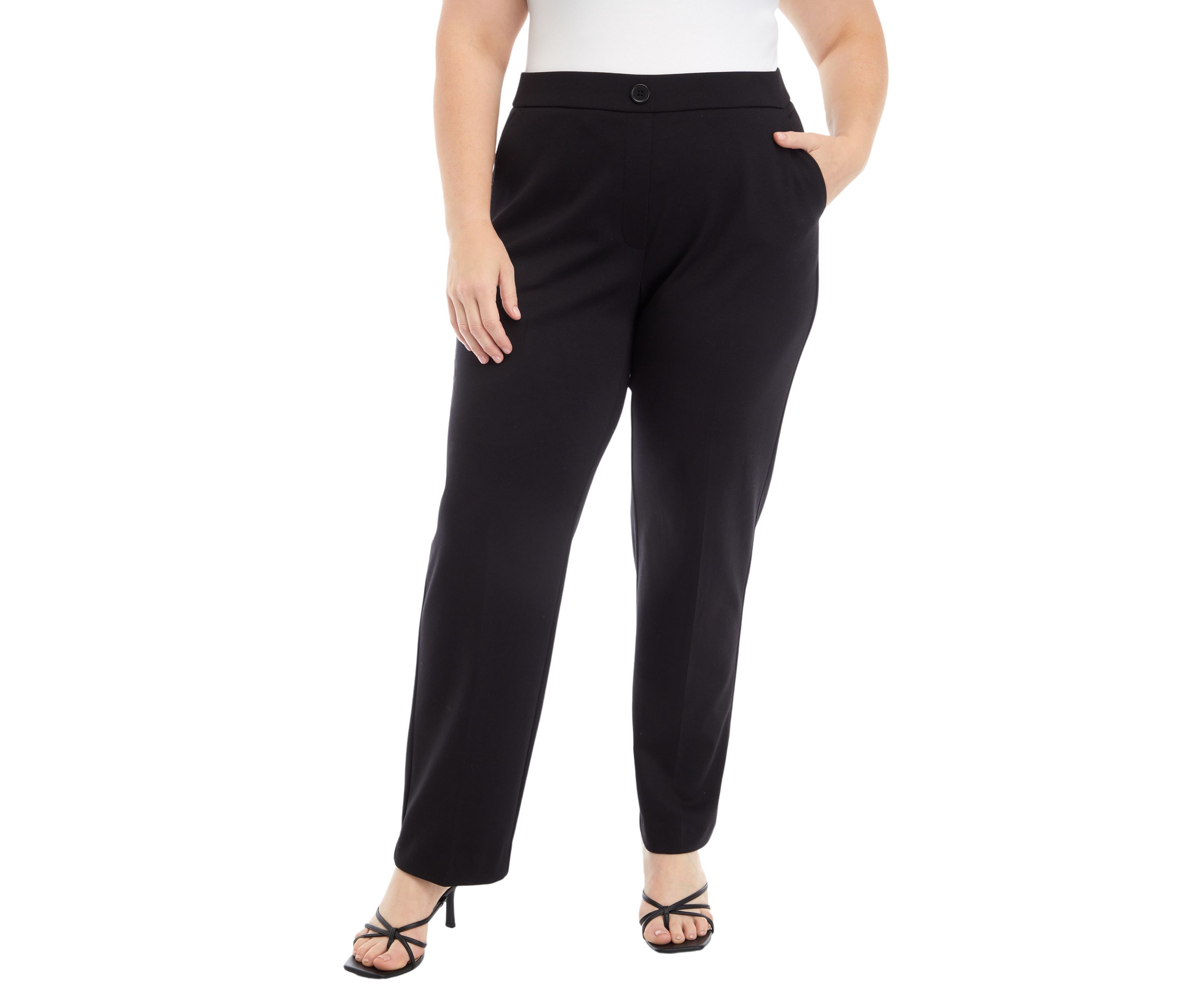 Plus Size Pull On One Button Faux Fly Straight Leg Ponte Pants 