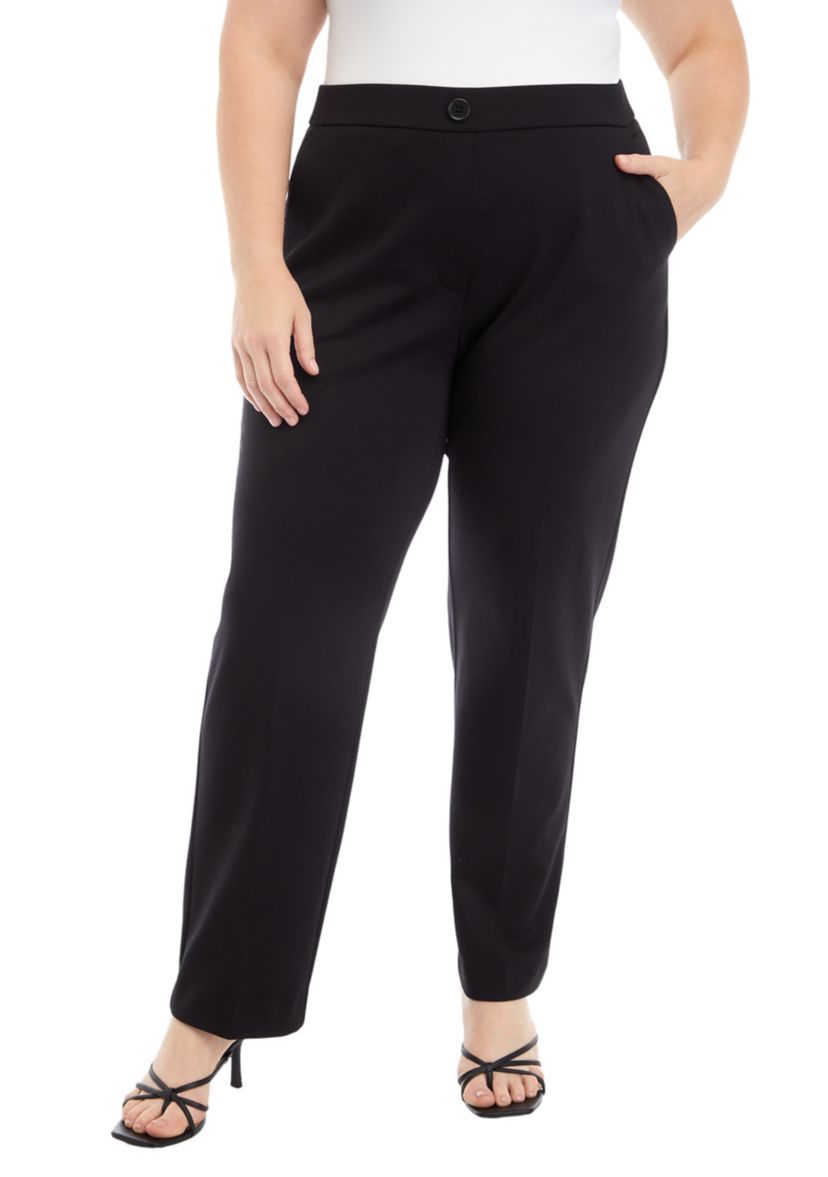 Plus Size Pull On One Button Faux Fly Straight Leg Ponte Pants 