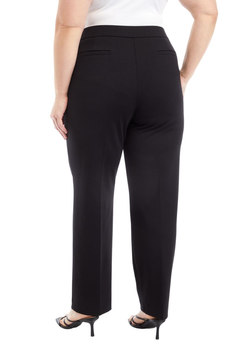 Plus Size Pull On One Button Faux Fly Straight Leg Ponte Pants 