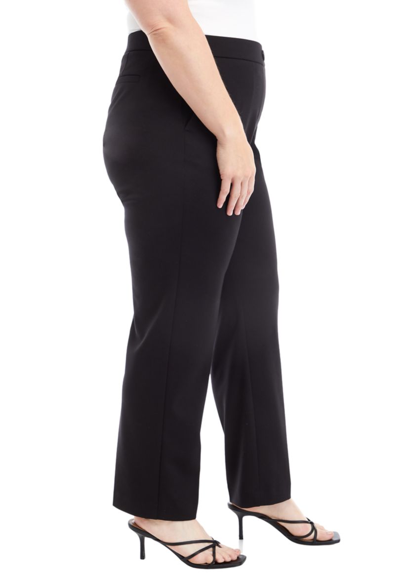 Plus Size Pull On One Button Faux Fly Straight Leg Ponte Pants 