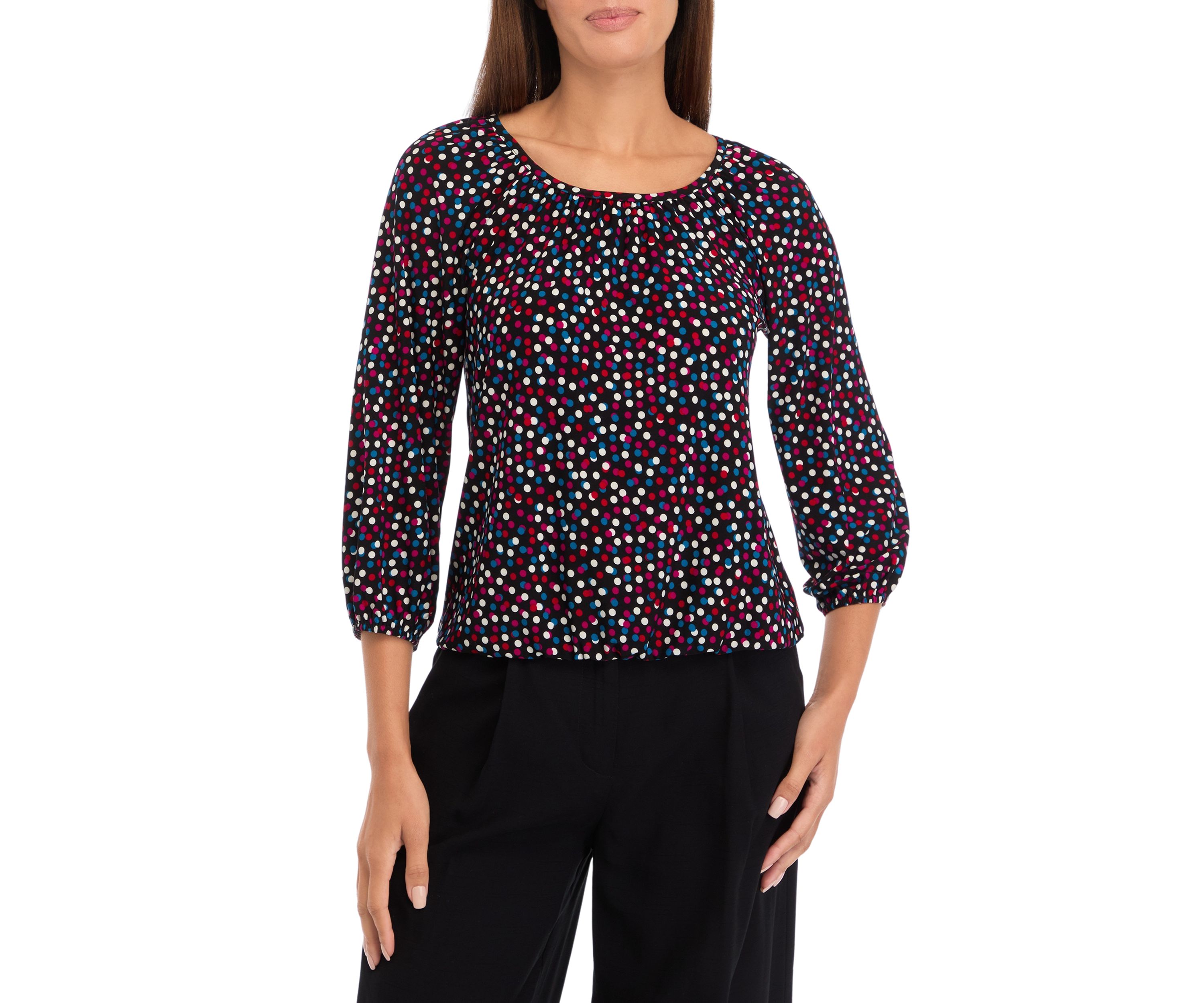 Petite Printed 3/4 Sleeve Shirred Peasant Top with Elastic Hem