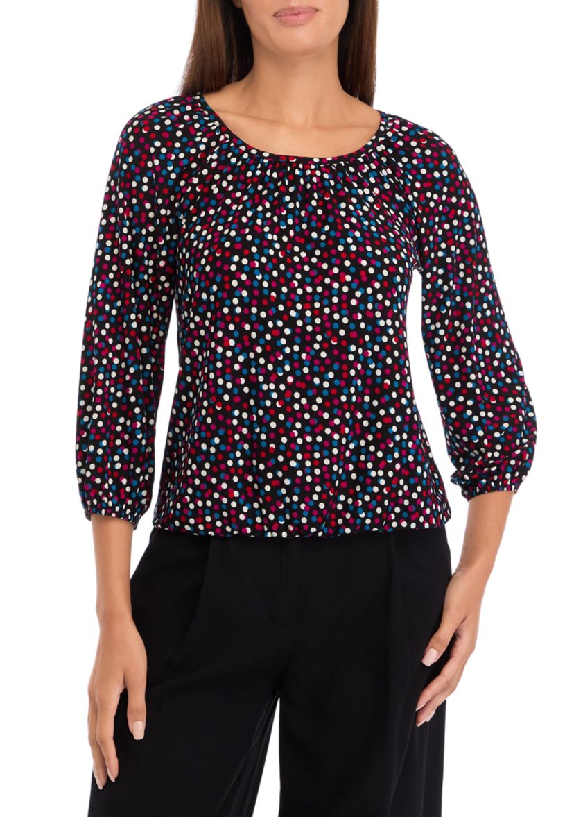 Petite Printed 3/4 Sleeve Shirred Peasant Top with Elastic Hem