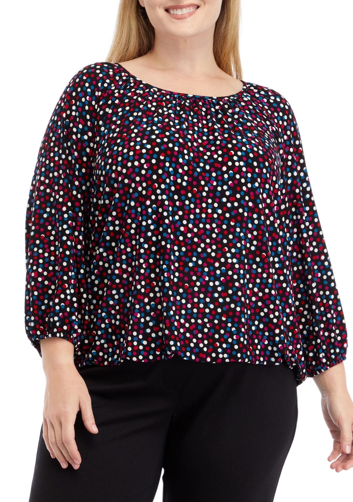 Plus Size Printed 3/4 Sleeve Shirred Peasant Top with Elastic Hem