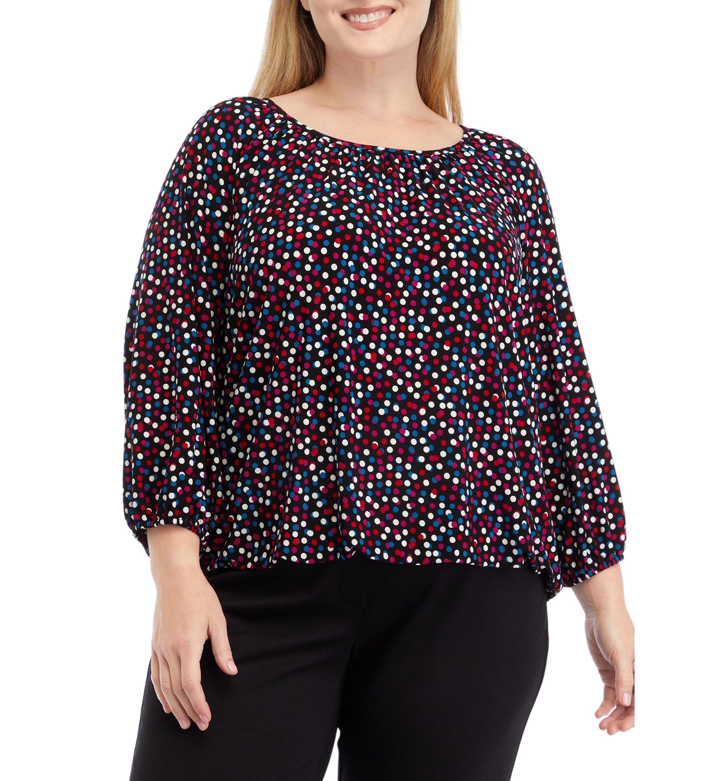 Plus Size Printed 3/4 Sleeve Shirred Peasant Top with Elastic Hem