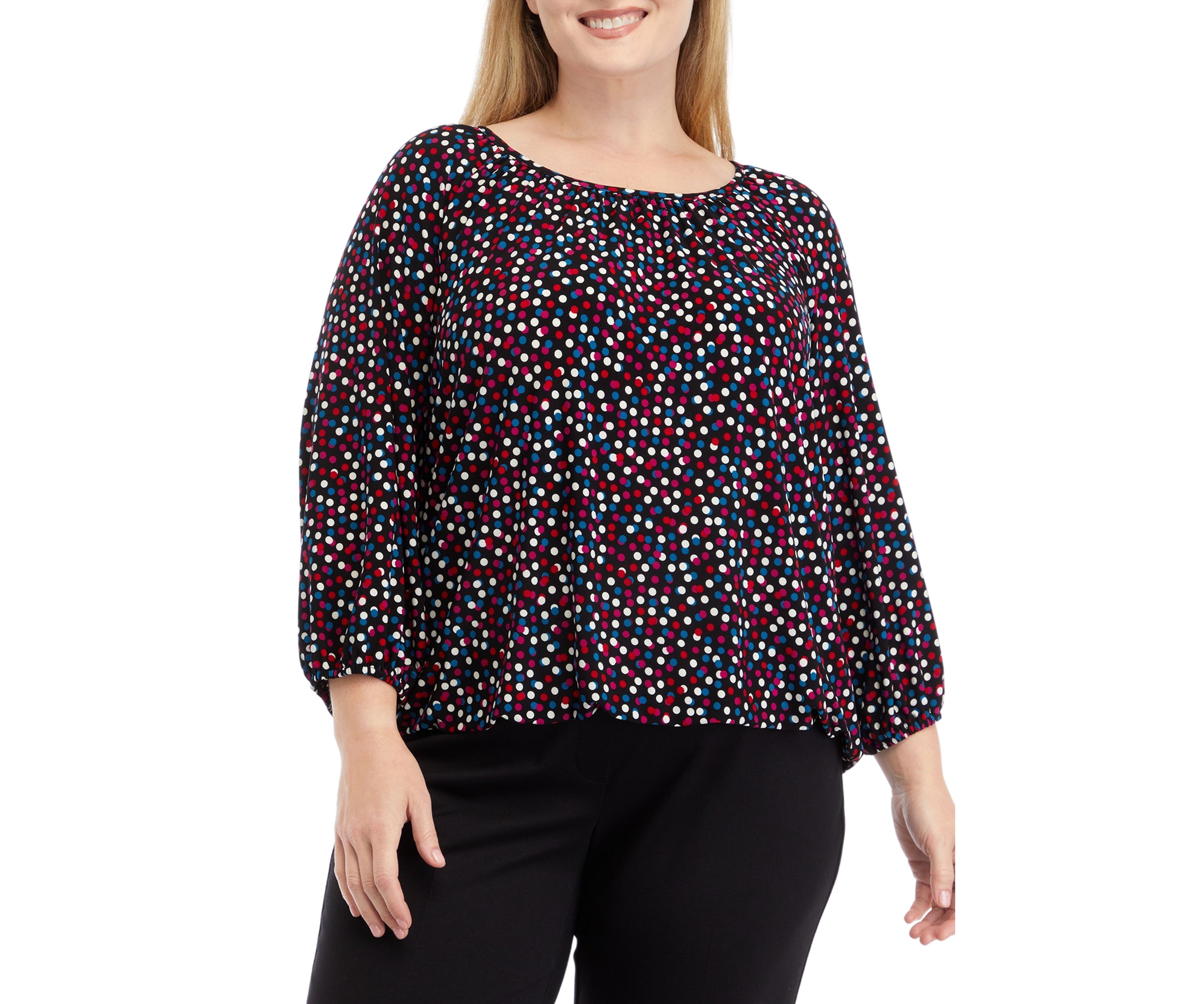 Plus Size Printed 3/4 Sleeve Shirred Peasant Top with Elastic Hem