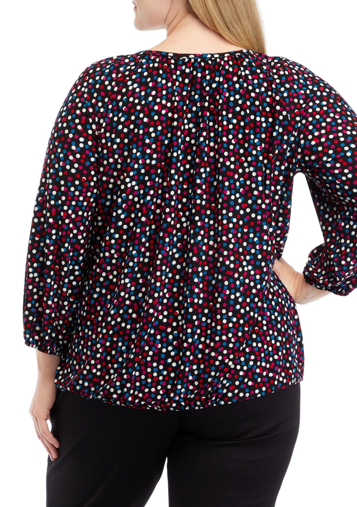 Plus Size Printed 3/4 Sleeve Shirred Peasant Top with Elastic Hem