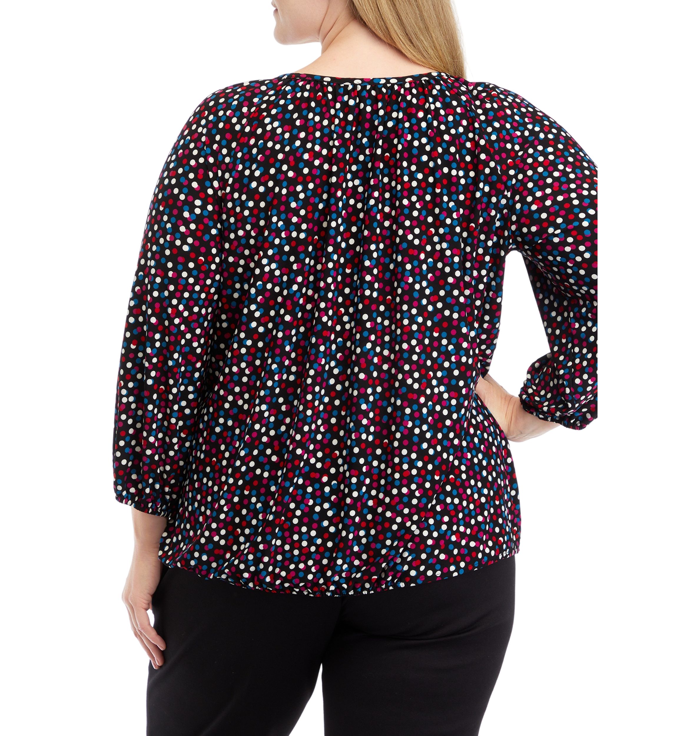 Plus Size Printed 3/4 Sleeve Shirred Peasant Top with Elastic Hem