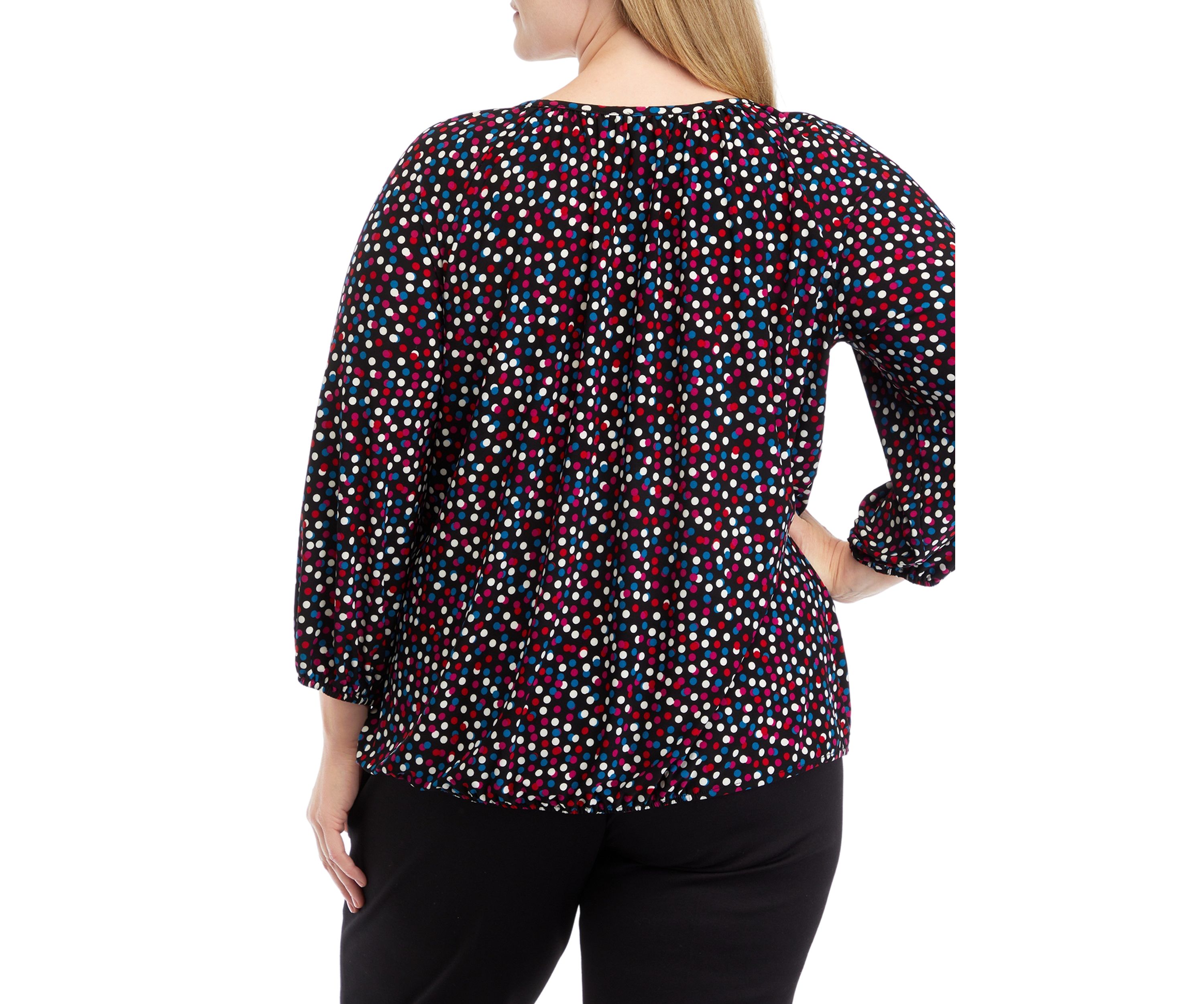Plus Size Printed 3/4 Sleeve Shirred Peasant Top with Elastic Hem