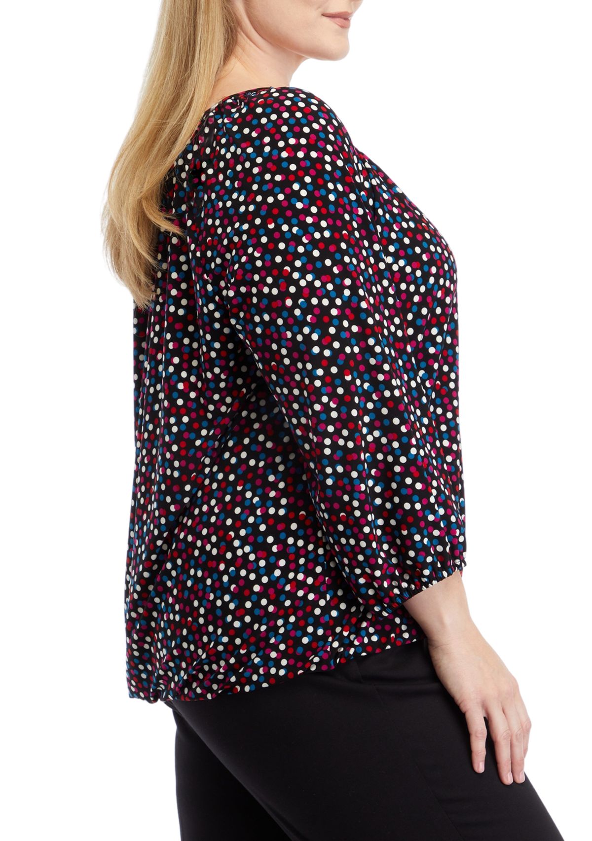 Plus Size Printed 3/4 Sleeve Shirred Peasant Top with Elastic Hem