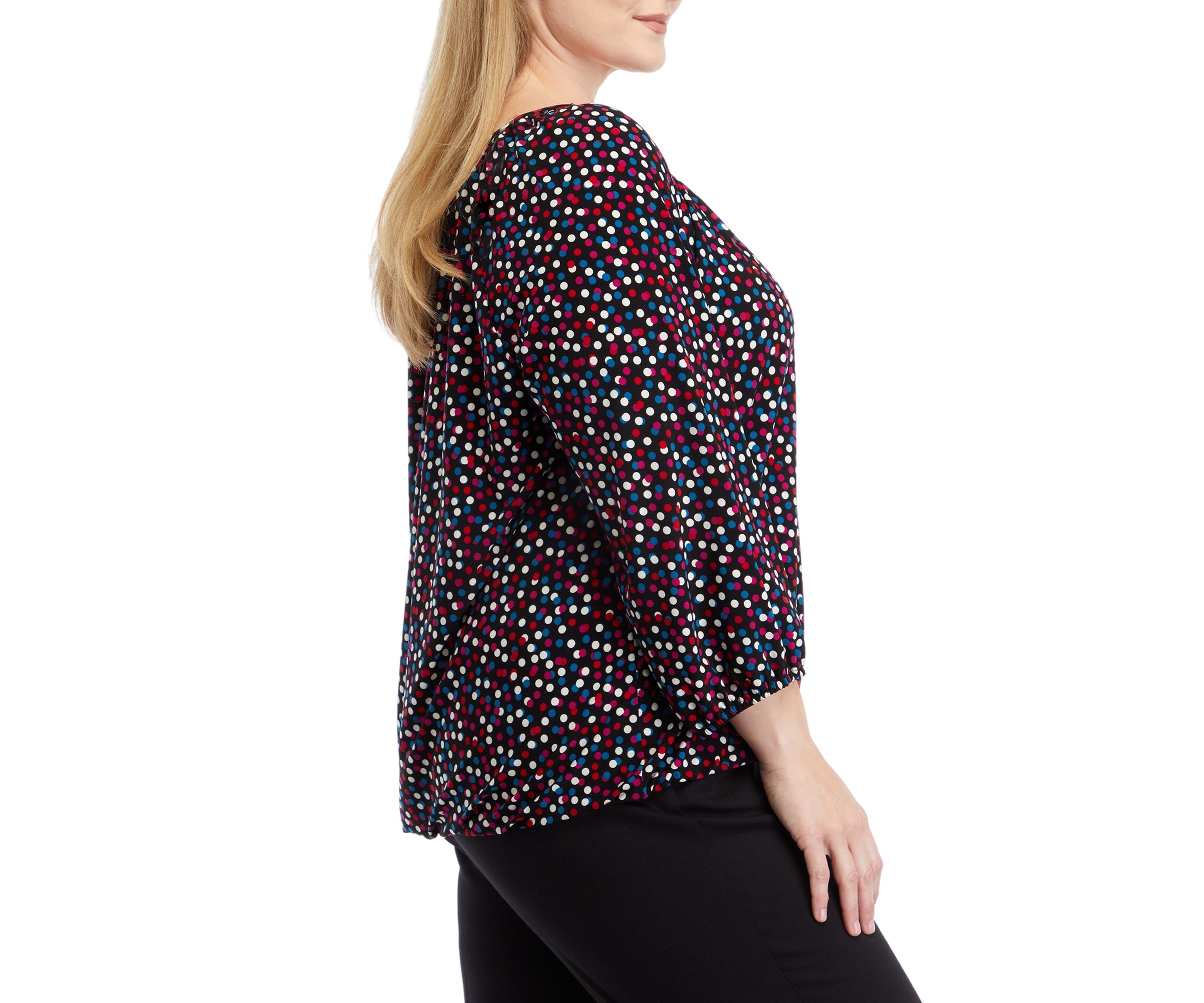 Plus Size Printed 3/4 Sleeve Shirred Peasant Top with Elastic Hem