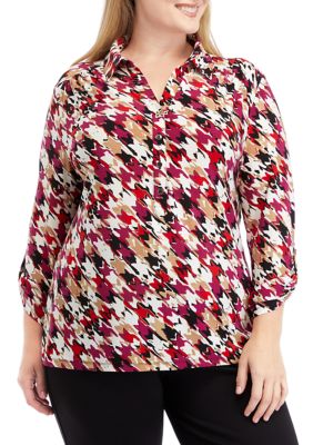 AK Anne Klein Women's Plus Size Printed 3/4 Sleeve Scrunch Tab Collared Button Down Shirt