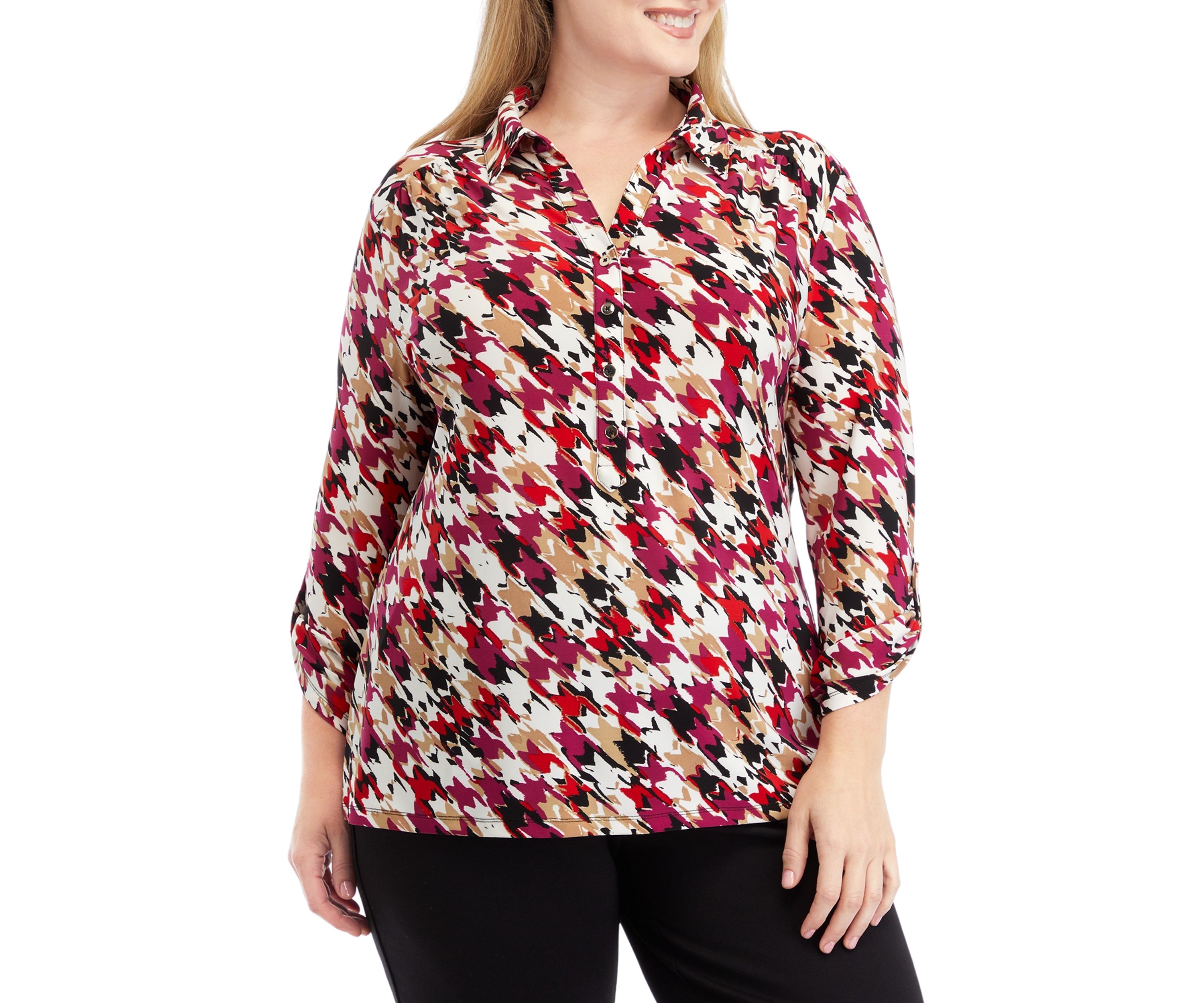Plus Size Printed 3/4 Sleeve Scrunch Tab Collared Button Down Shirt
