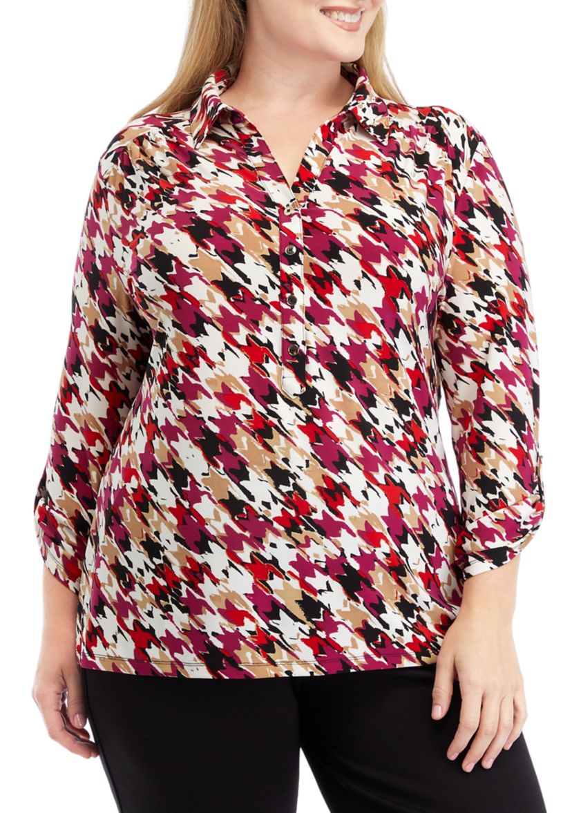 Plus Size Printed 3/4 Sleeve Scrunch Tab Collared Button Down Shirt