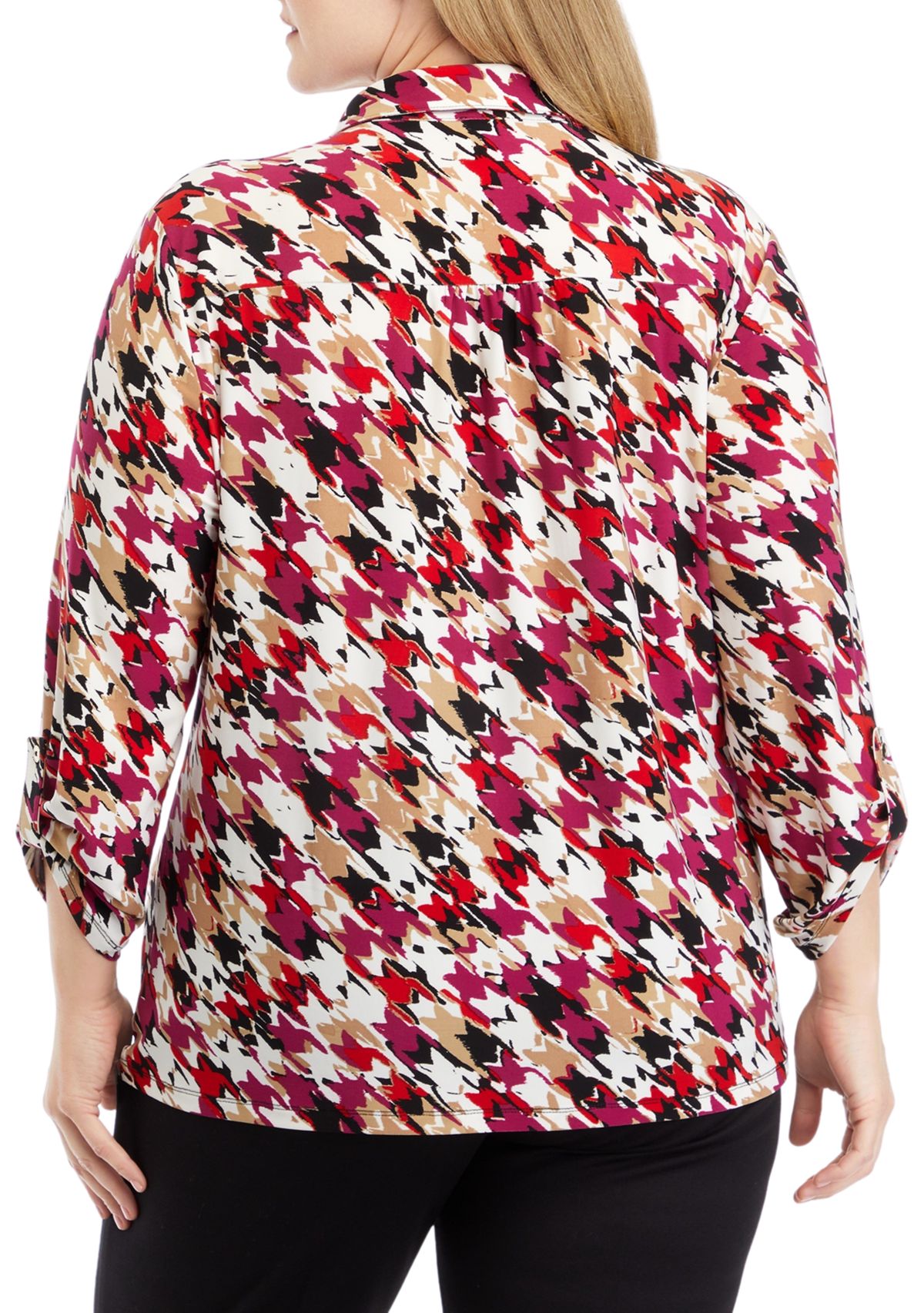 Plus Size Printed 3/4 Sleeve Scrunch Tab Collared Button Down Shirt