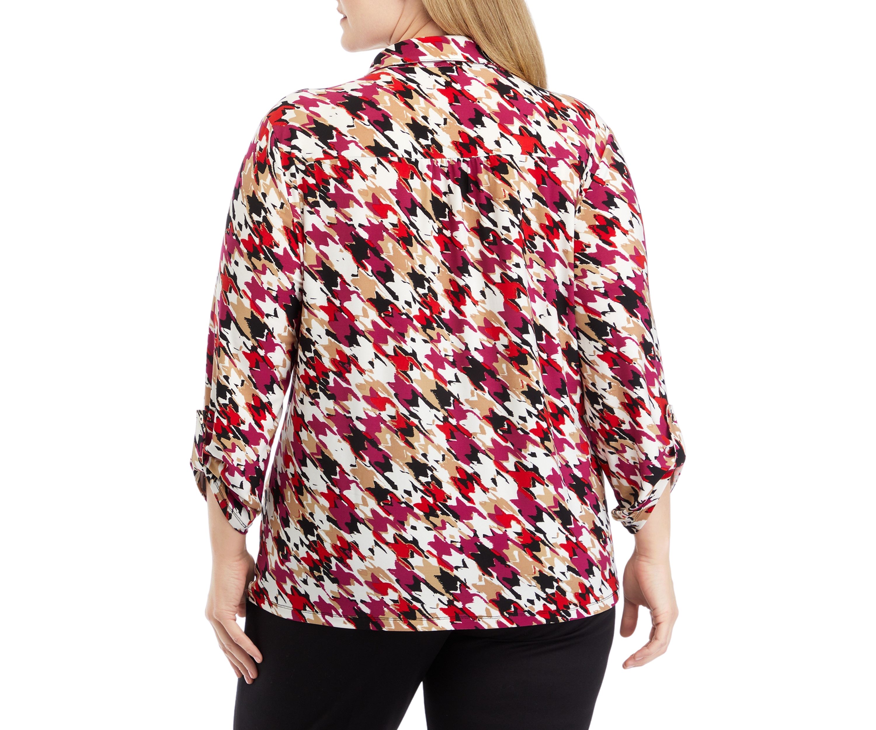 Plus Size Printed 3/4 Sleeve Scrunch Tab Collared Button Down Shirt