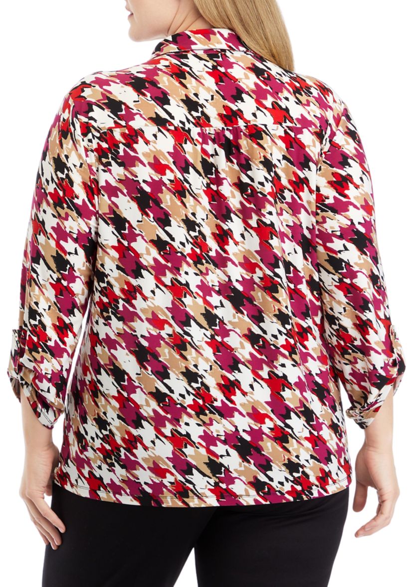 Plus Size Printed 3/4 Sleeve Scrunch Tab Collared Button Down Shirt