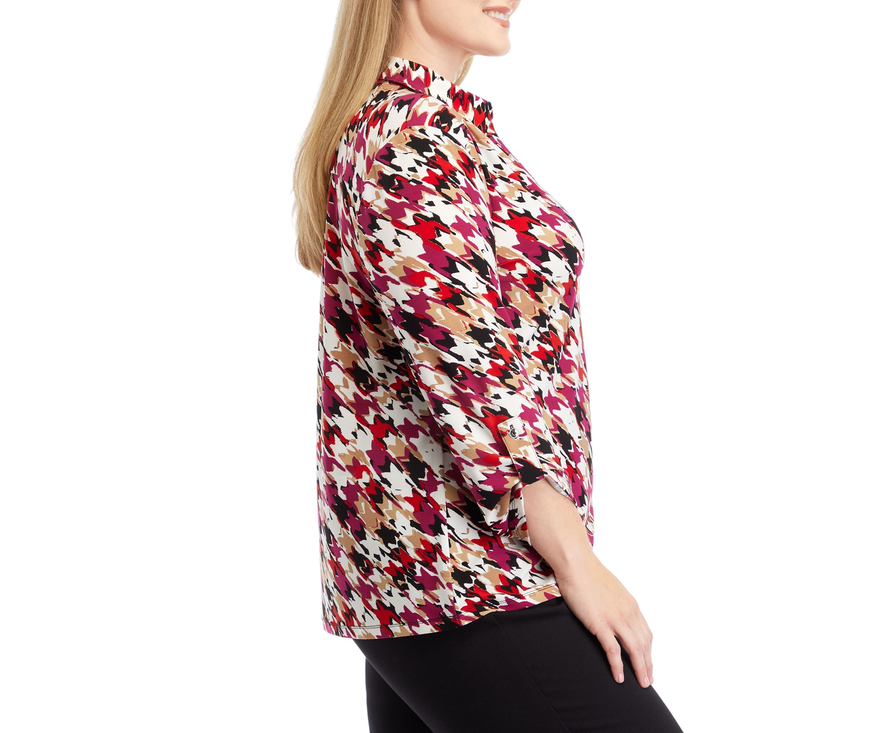 Plus Size Printed 3/4 Sleeve Scrunch Tab Collared Button Down Shirt