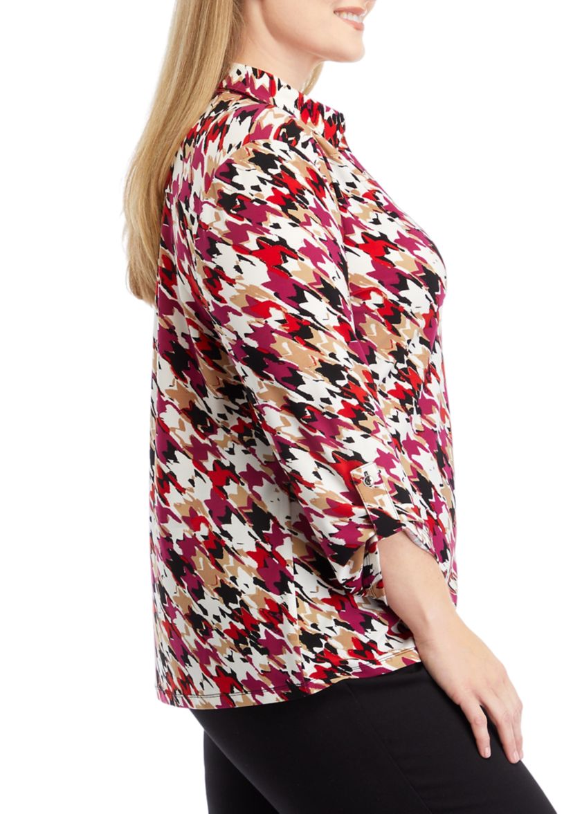 Plus Size Printed 3/4 Sleeve Scrunch Tab Collared Button Down Shirt