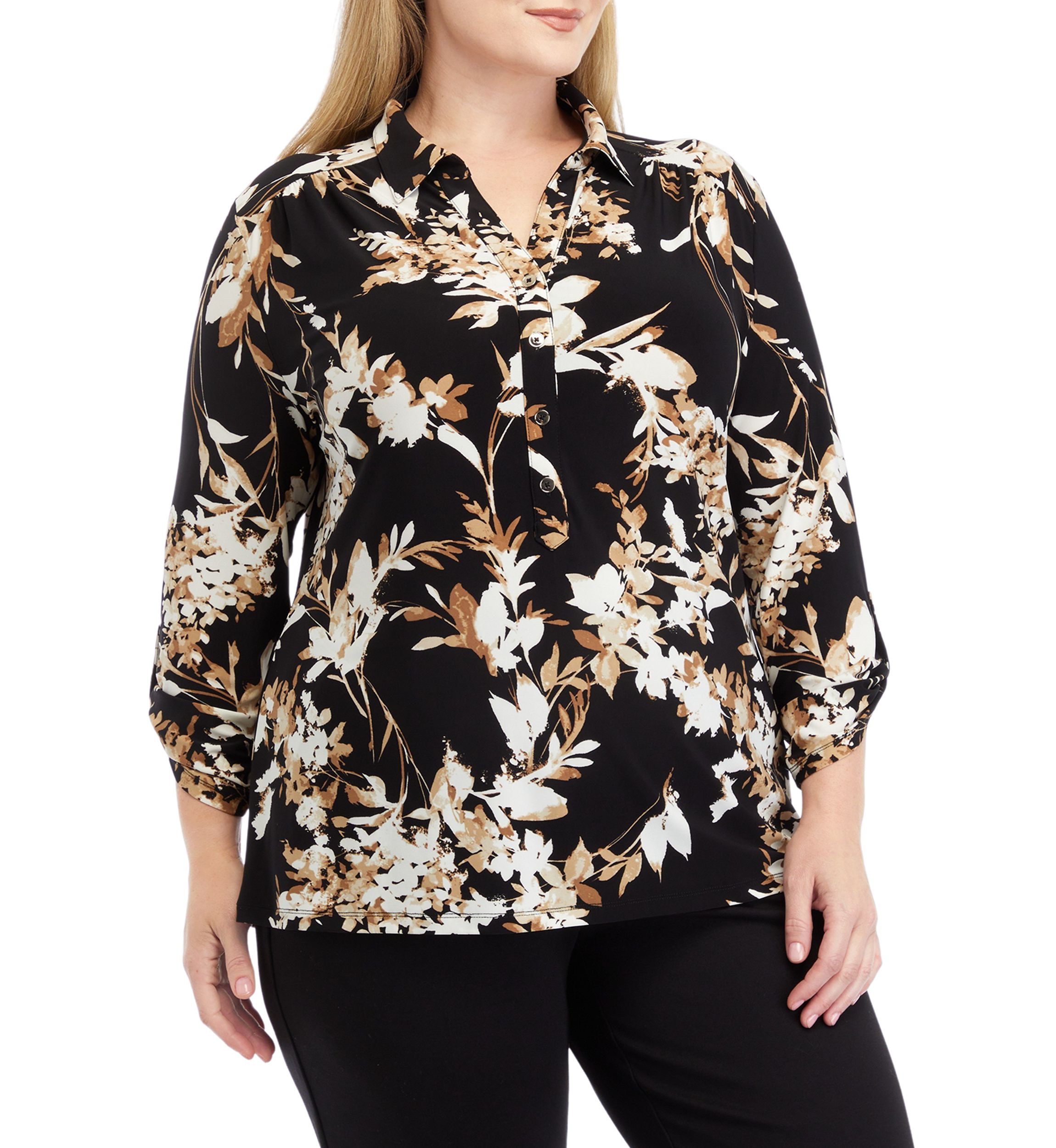 Plus Size Printed 3/4 Sleeve Scrunch Tab Collared Button Down Shirt 