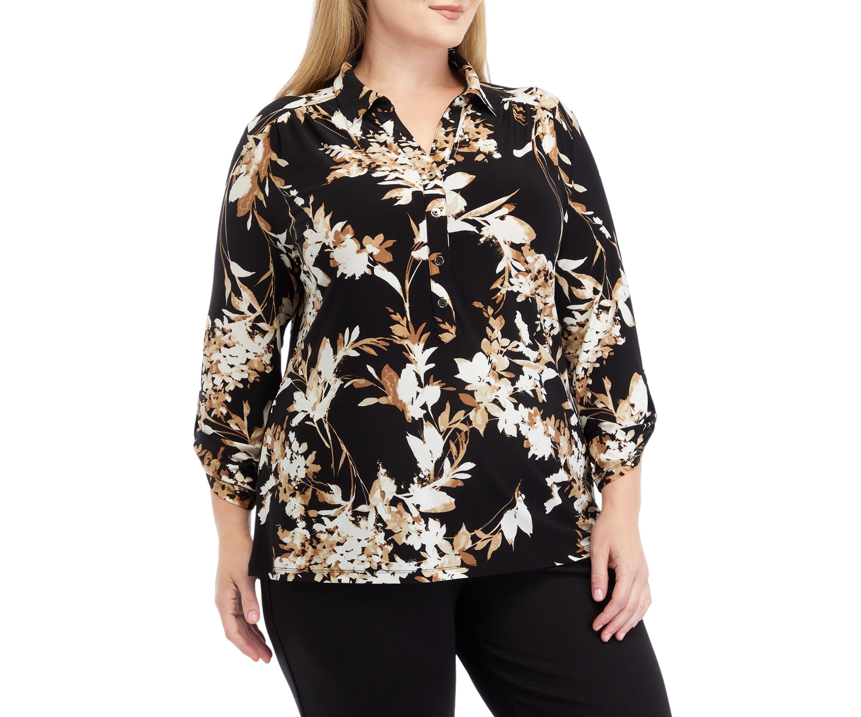 Plus Size Printed 3/4 Sleeve Scrunch Tab Collared Button Down Shirt 