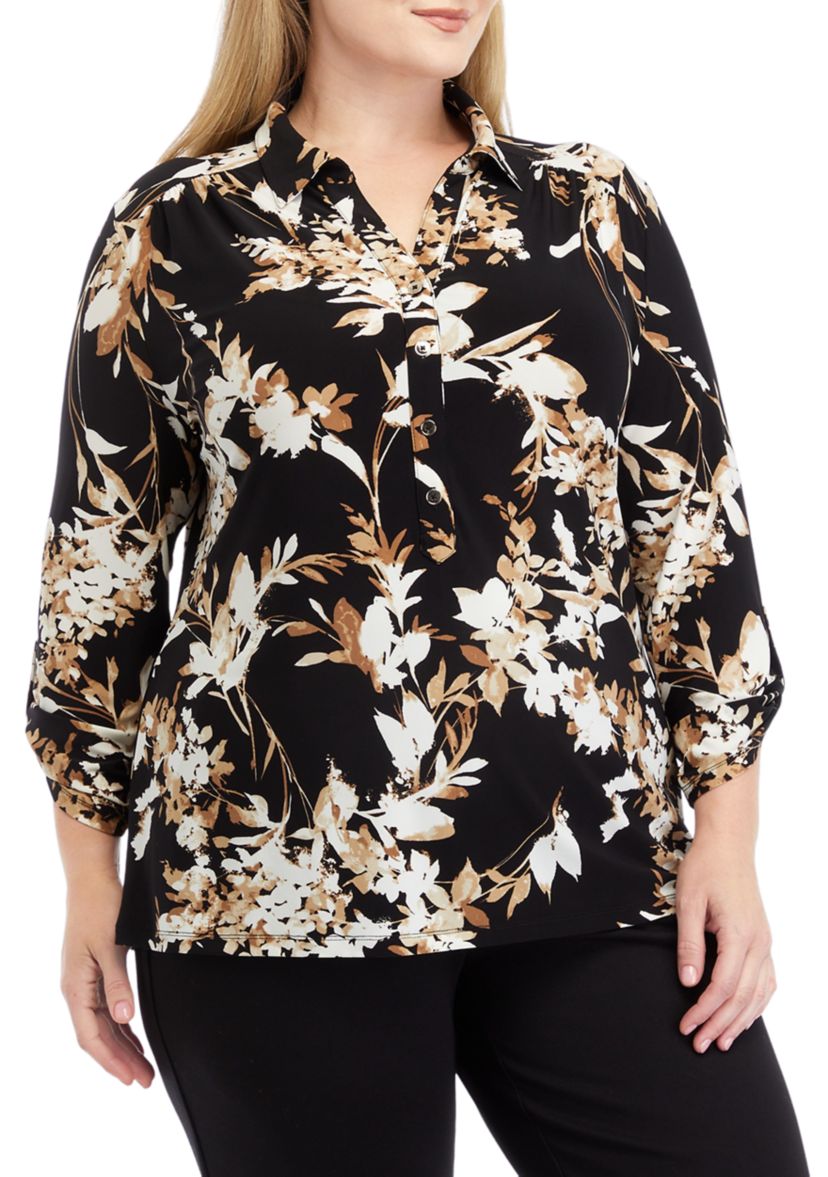 Plus Size Printed 3/4 Sleeve Scrunch Tab Collared Button Down Shirt 
