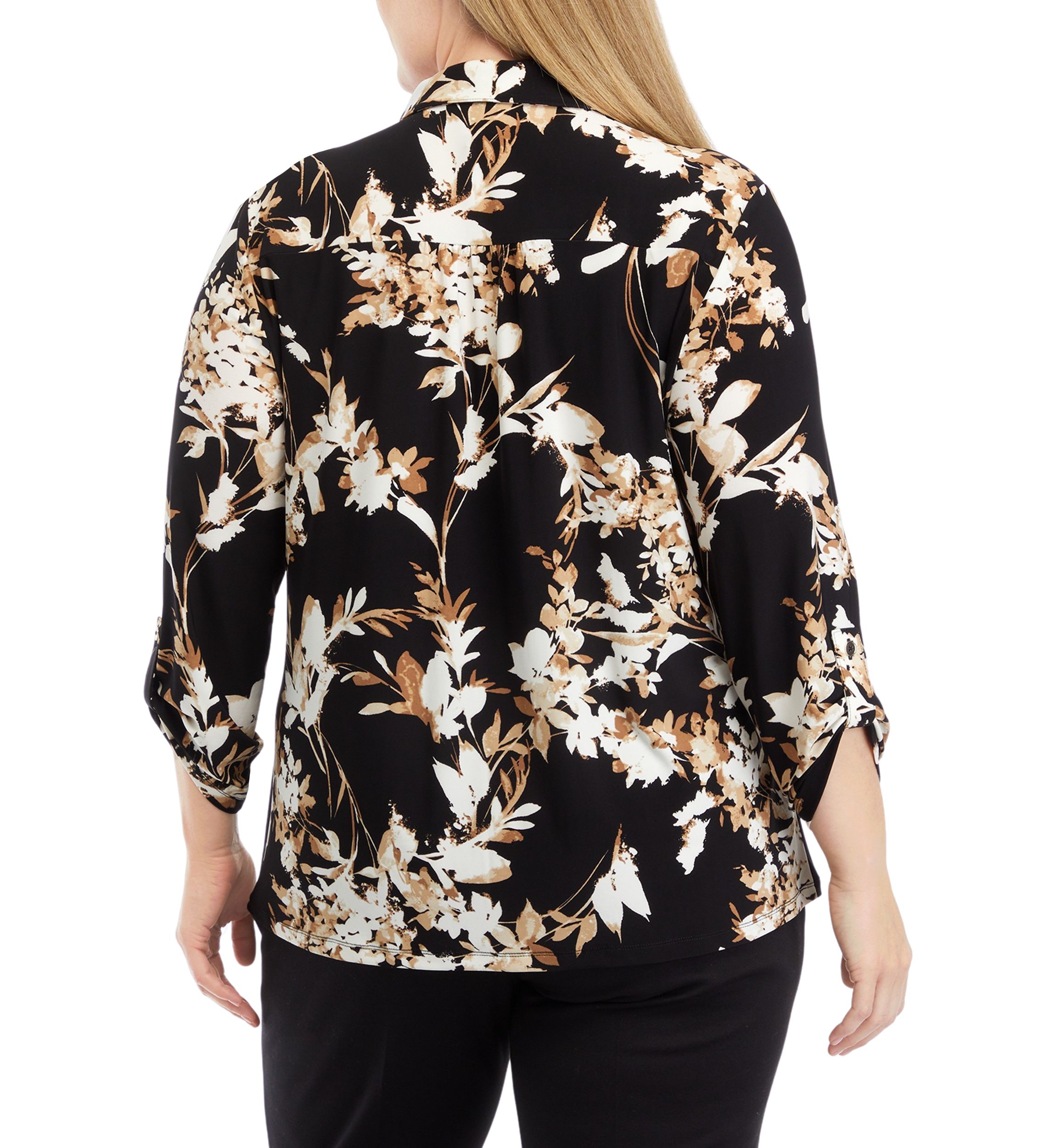 Plus Size Printed 3/4 Sleeve Scrunch Tab Collared Button Down Shirt 