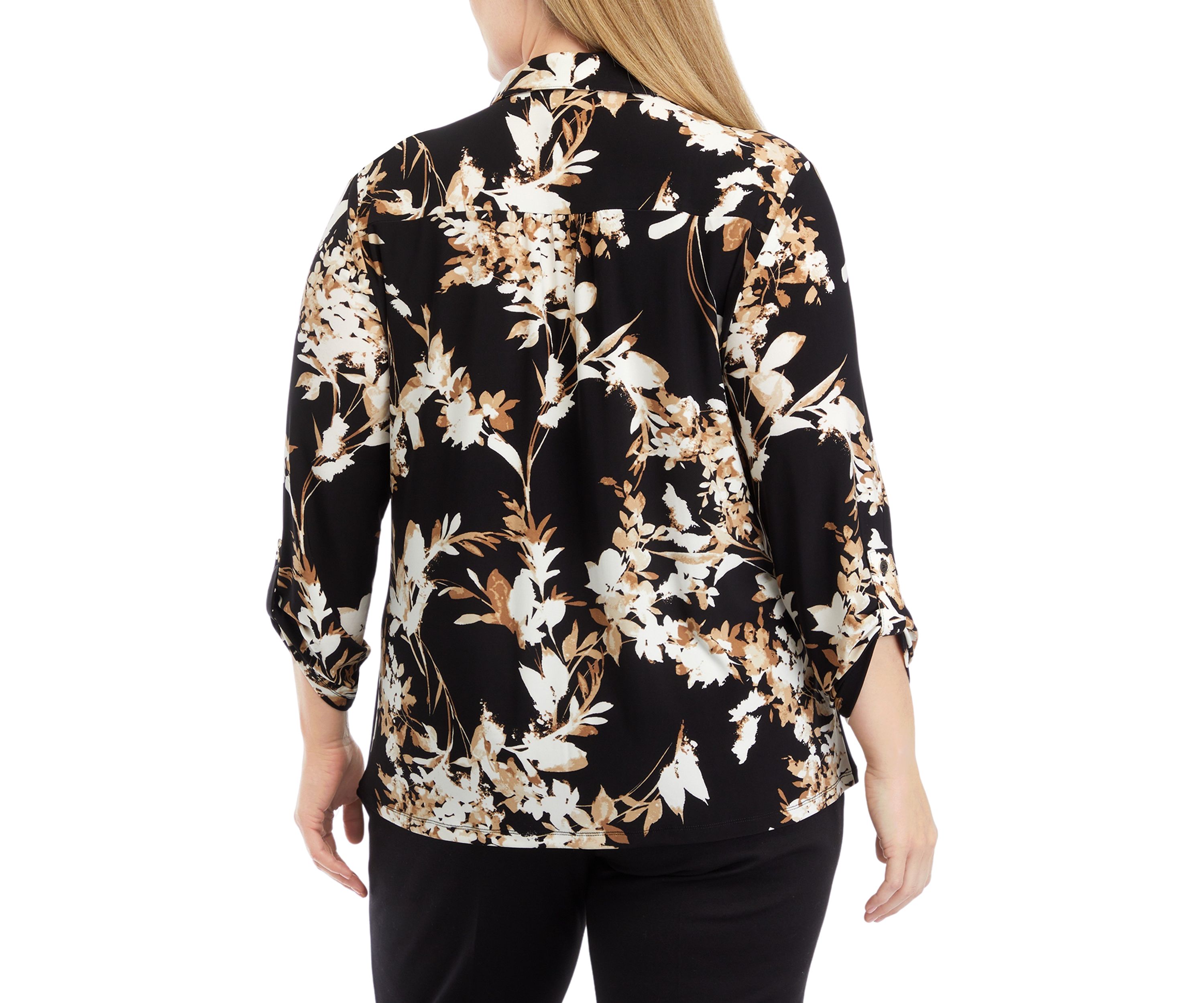 Plus Size Printed 3/4 Sleeve Scrunch Tab Collared Button Down Shirt 