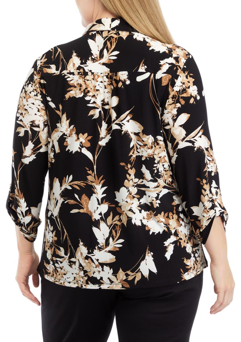 Plus Size Printed 3/4 Sleeve Scrunch Tab Collared Button Down Shirt 