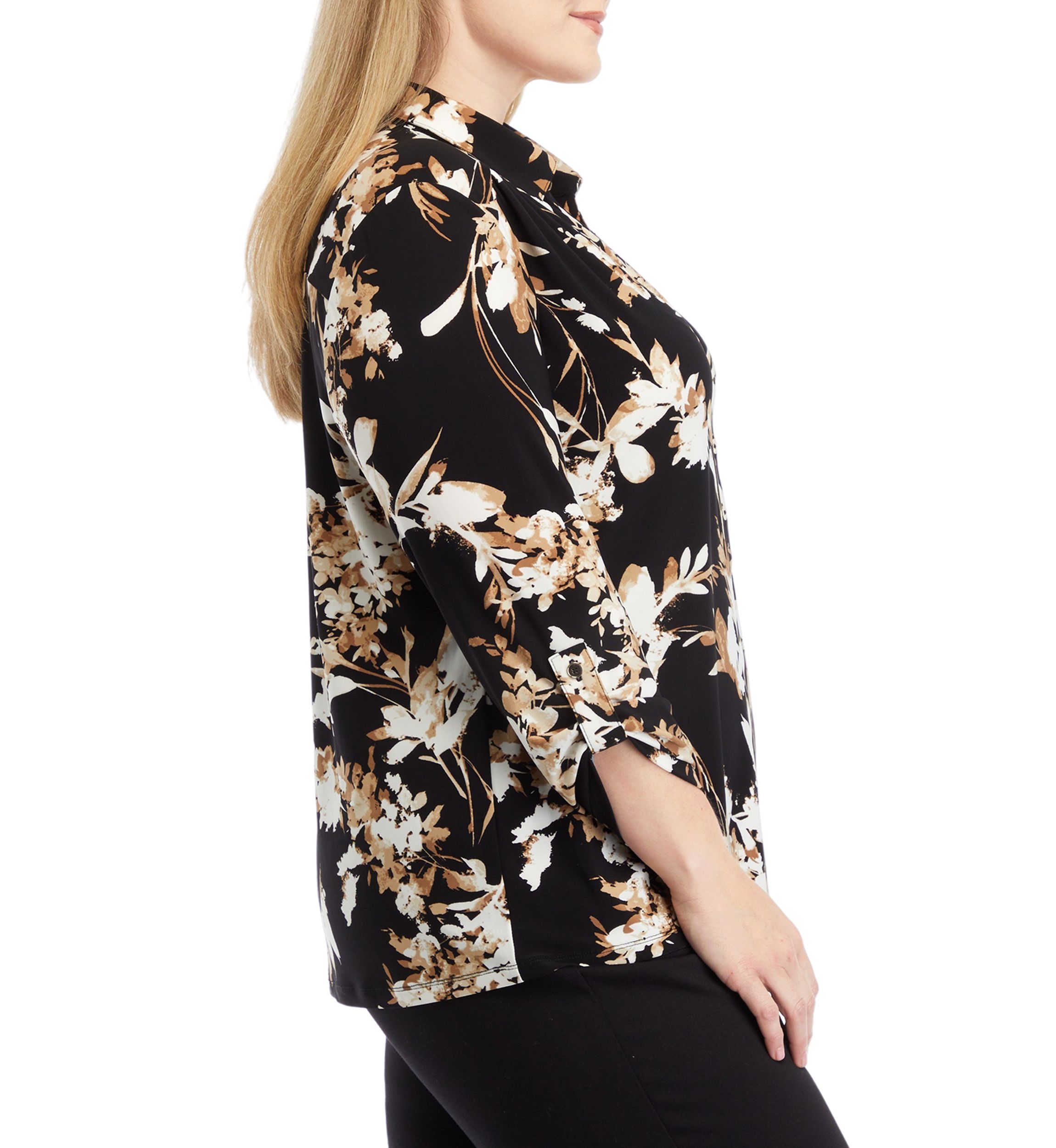 Plus Size Printed 3/4 Sleeve Scrunch Tab Collared Button Down Shirt 