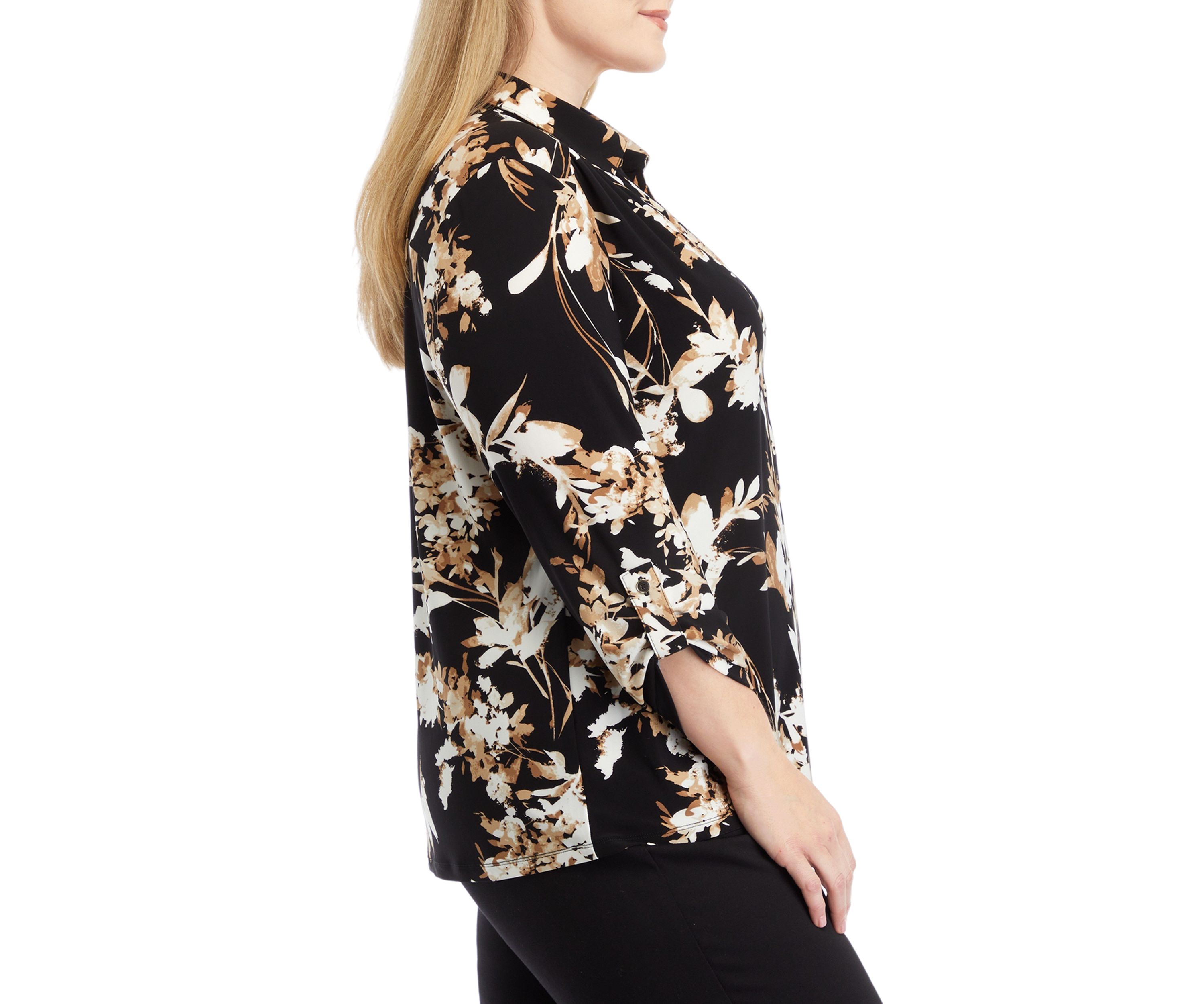 Plus Size Printed 3/4 Sleeve Scrunch Tab Collared Button Down Shirt 