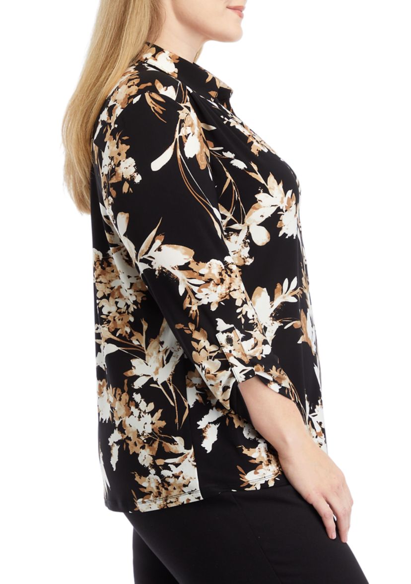 Plus Size Printed 3/4 Sleeve Scrunch Tab Collared Button Down Shirt 