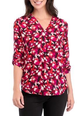 AK Anne Klein Women's V-Neck Printed Pleat Front Blouse