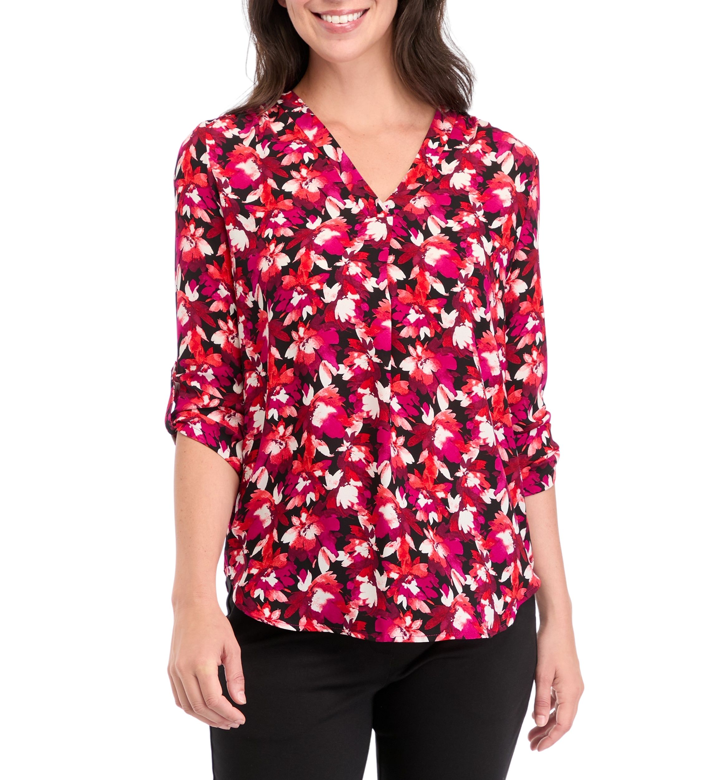 Womens V-Neck Printed Pleat Front Blouse
