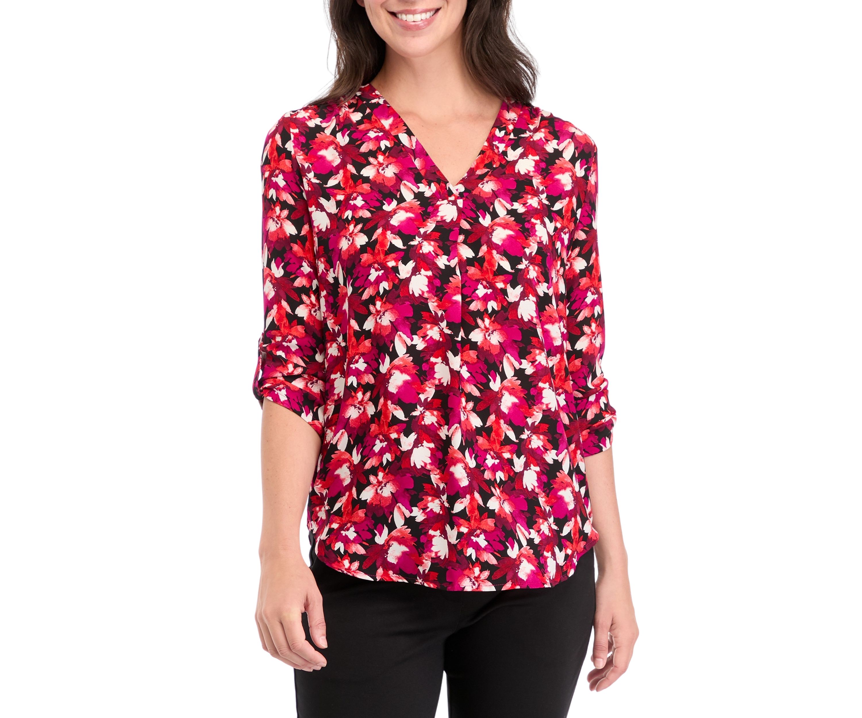 Womens V-Neck Printed Pleat Front Blouse