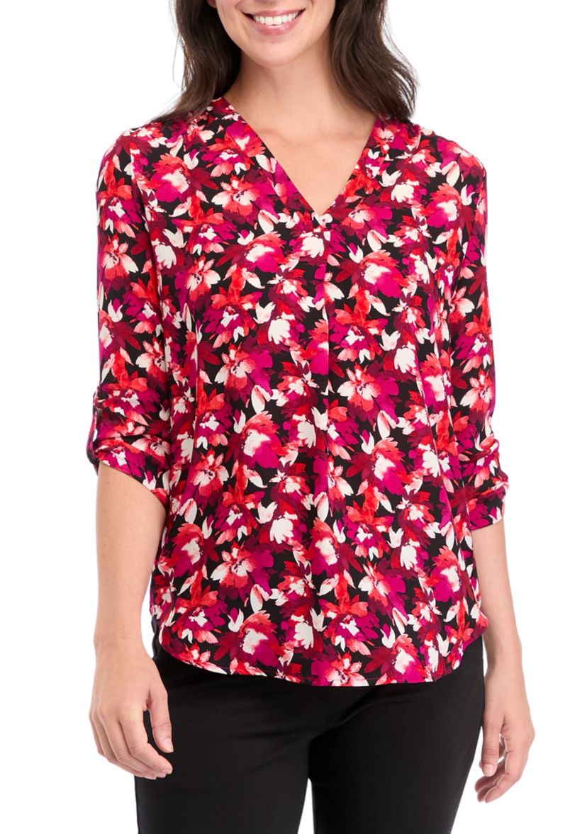 Womens V-Neck Printed Pleat Front Blouse