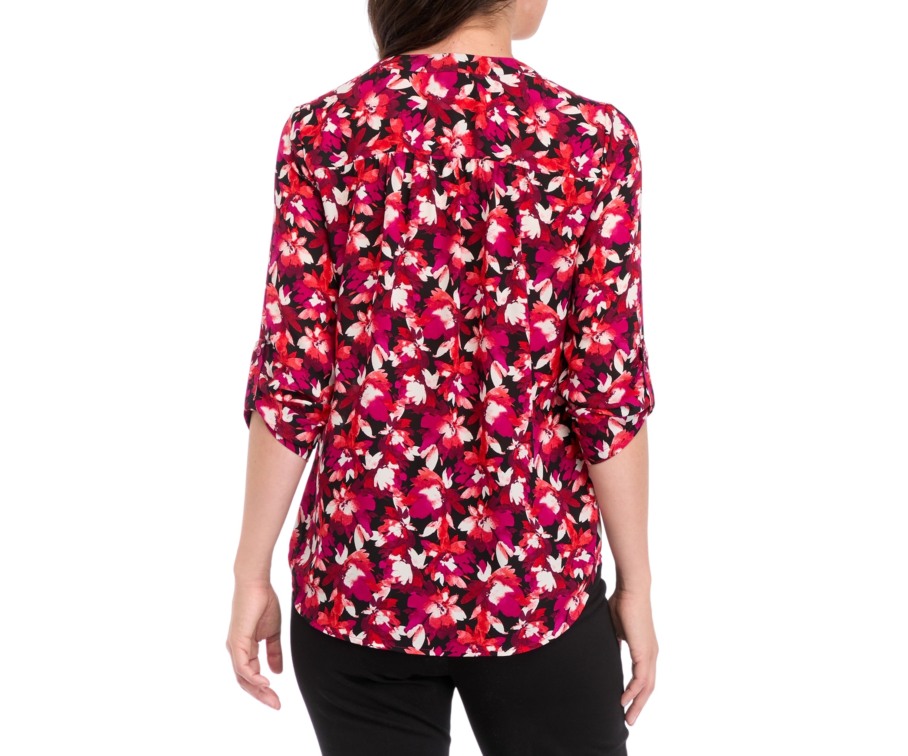 Womens V-Neck Printed Pleat Front Blouse