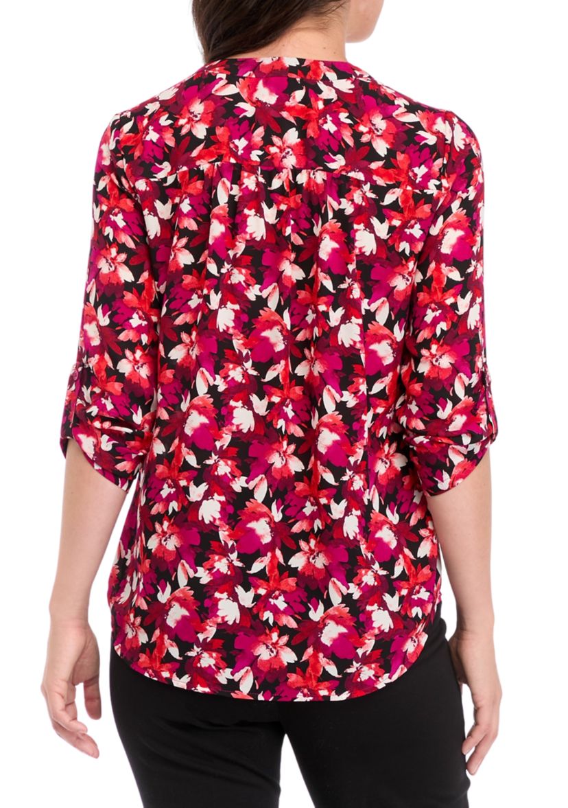 Womens V-Neck Printed Pleat Front Blouse