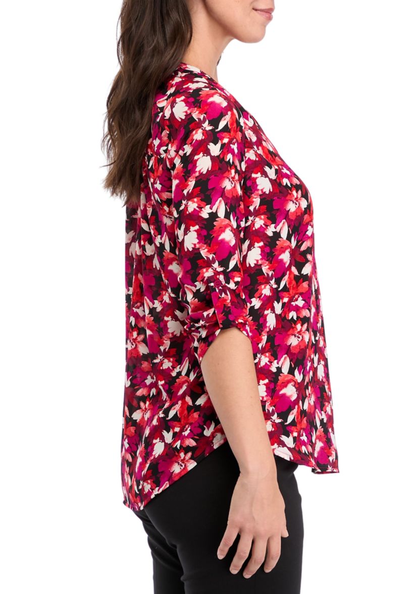 Womens V-Neck Printed Pleat Front Blouse