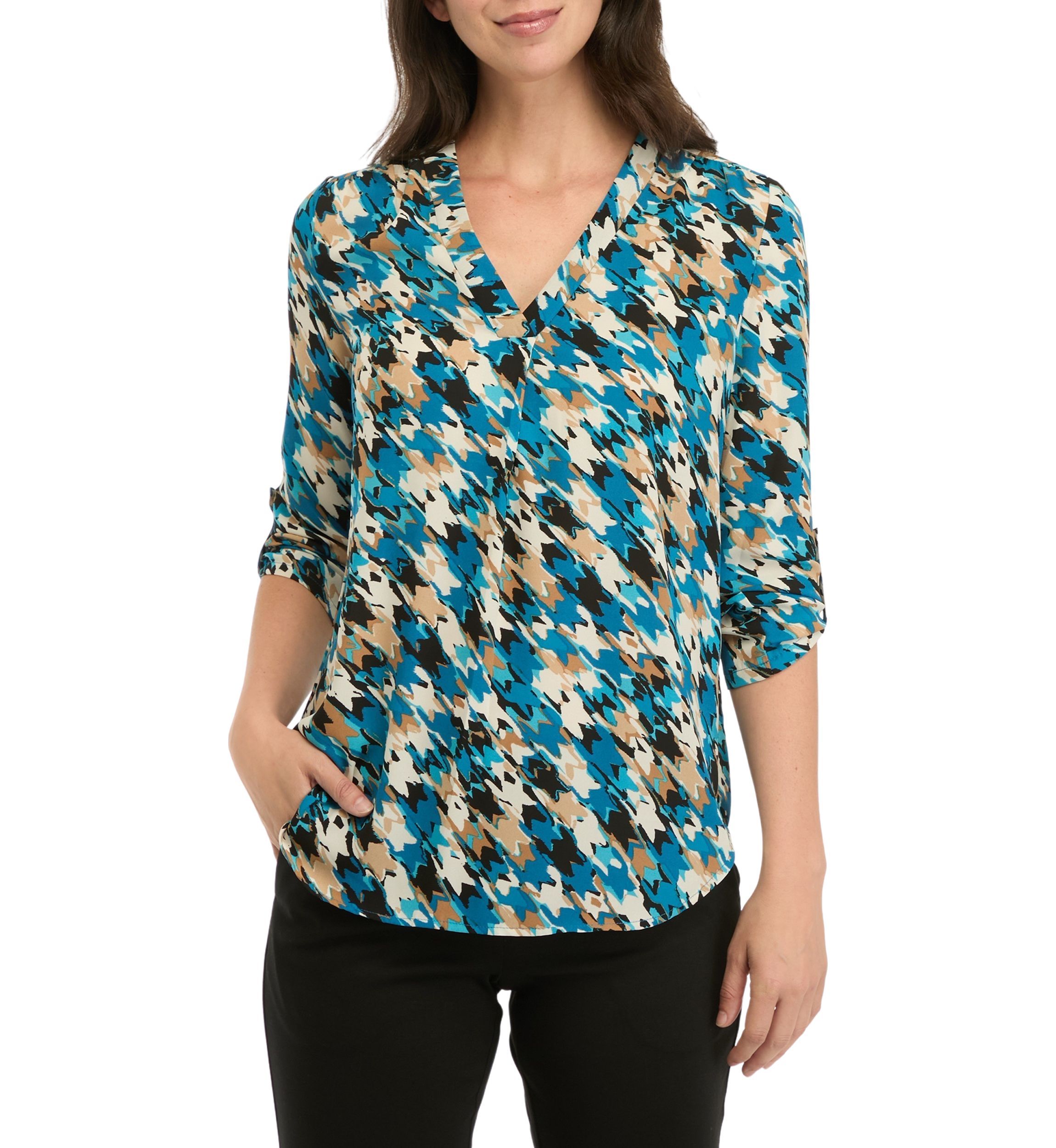 Womens Long Roll Tab  Sleeve V-Neck Printed Pleated Top 