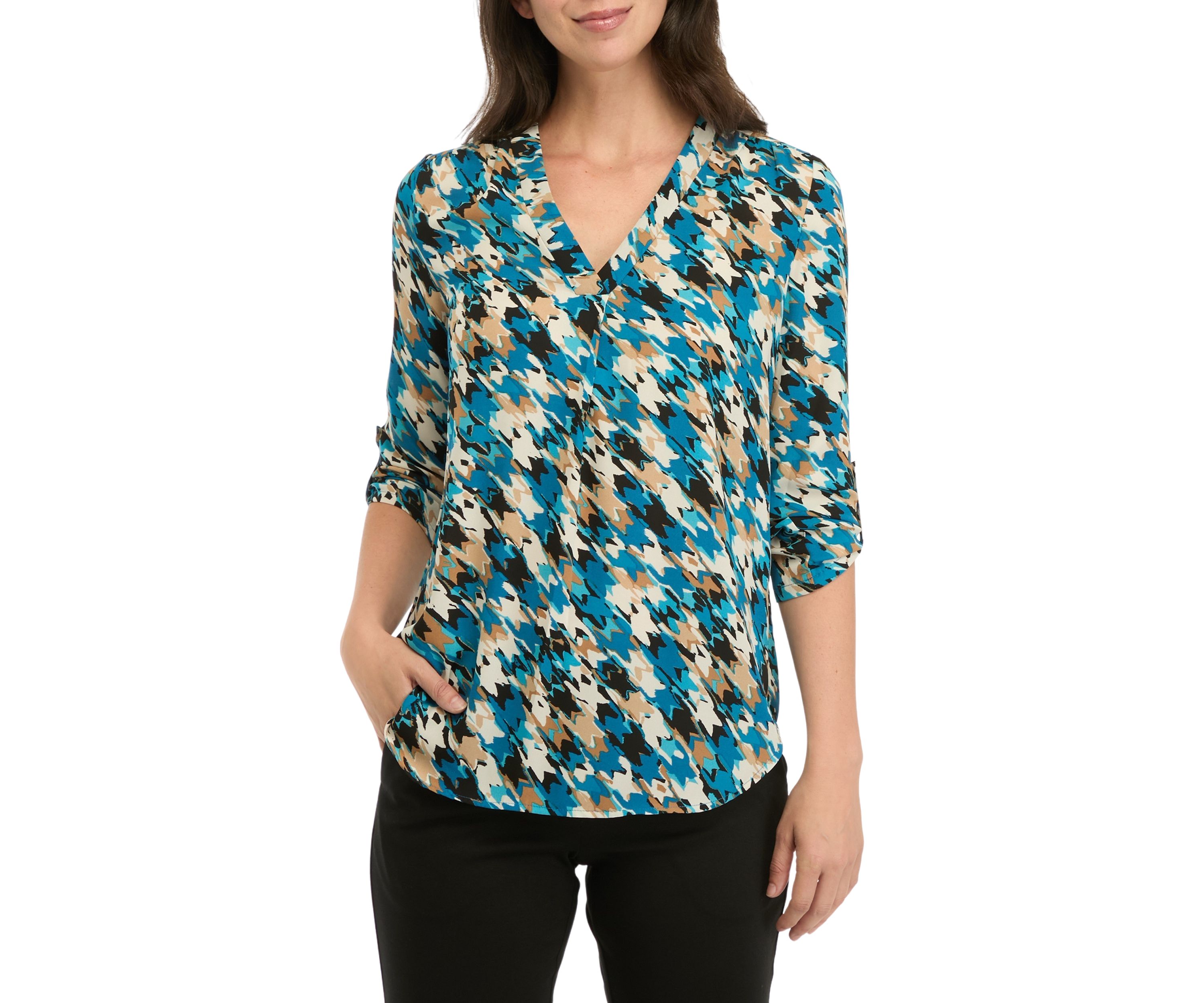 Womens Long Roll Tab  Sleeve V-Neck Printed Pleated Top 
