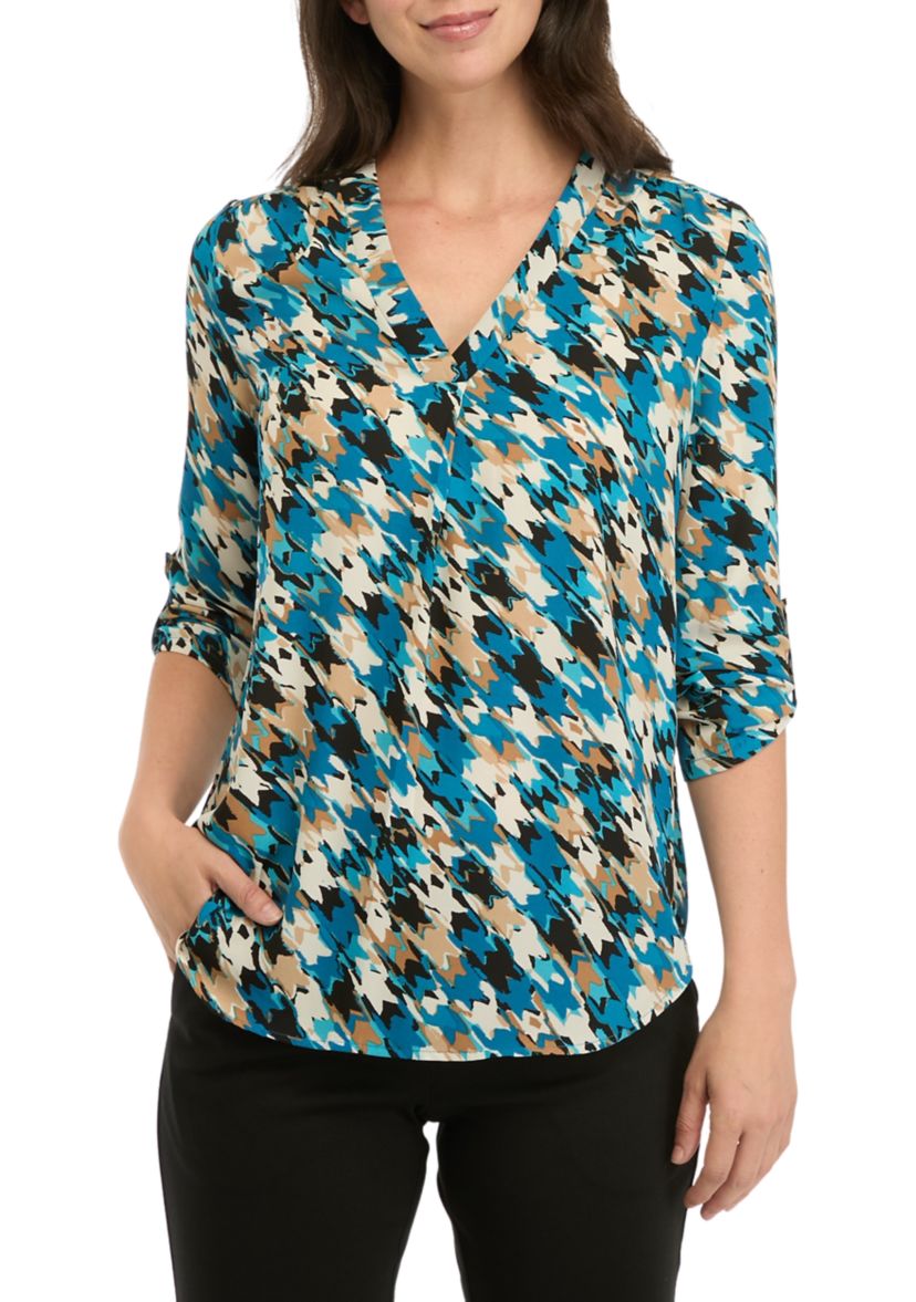 Womens Long Roll Tab  Sleeve V-Neck Printed Pleated Top 