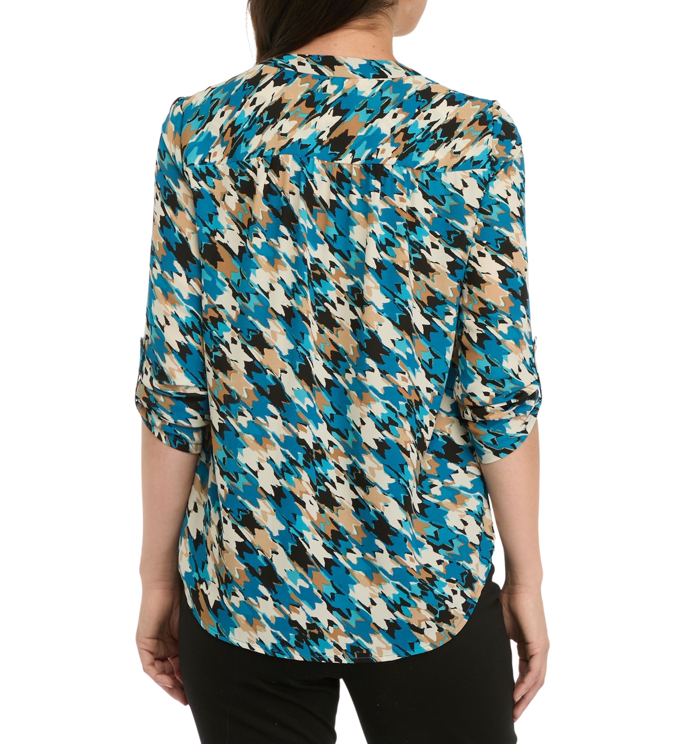 Womens Long Roll Tab  Sleeve V-Neck Printed Pleated Top 