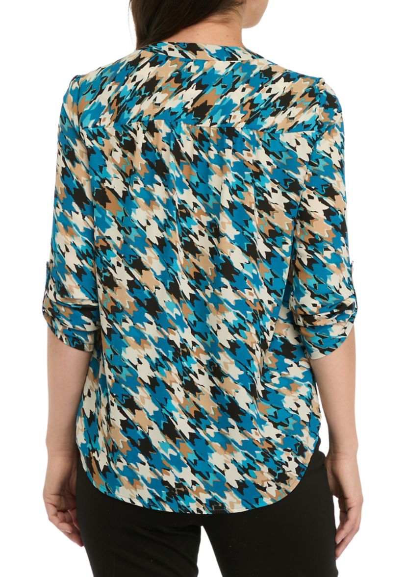 Womens Long Roll Tab  Sleeve V-Neck Printed Pleated Top 