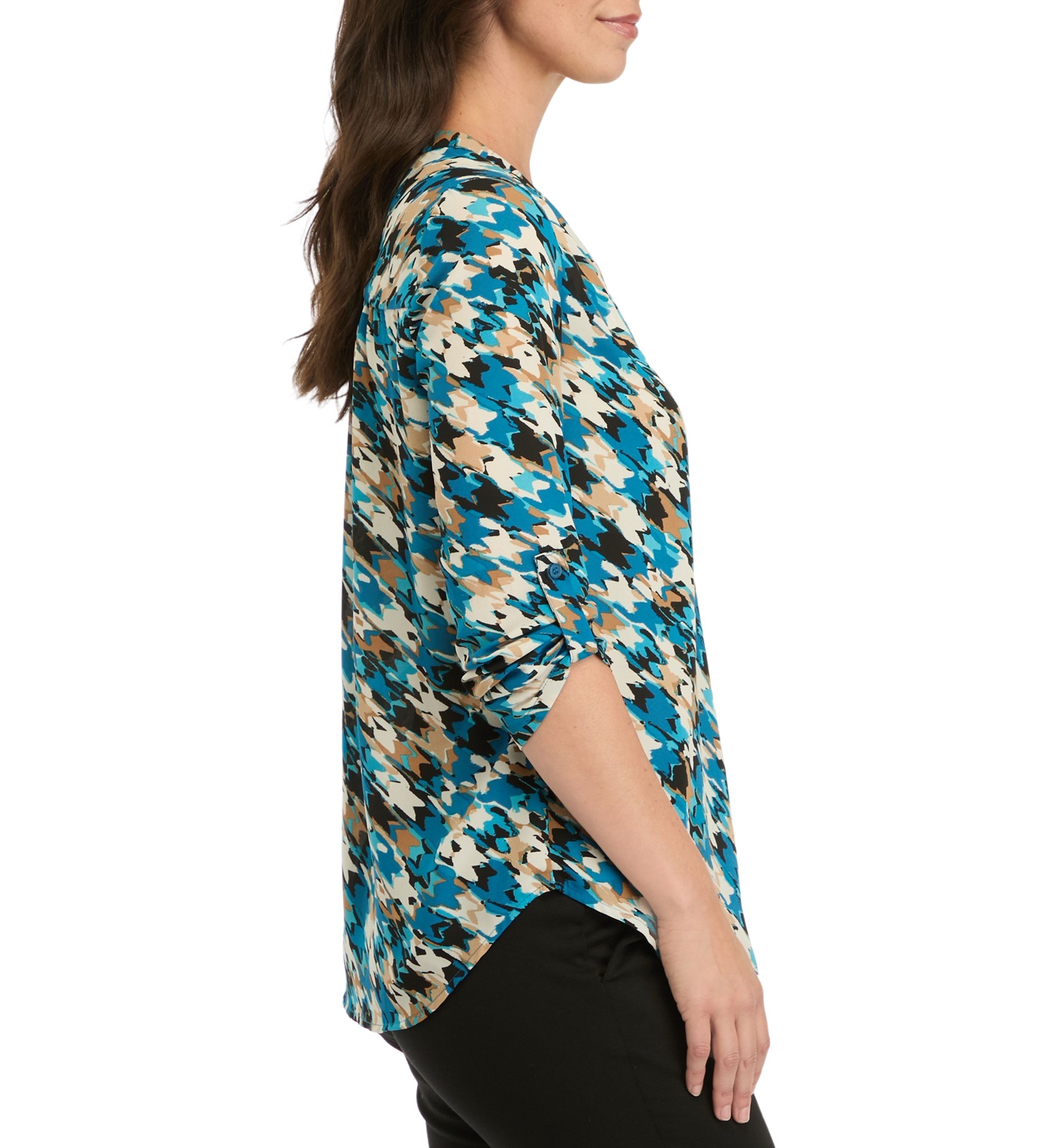 Womens Long Roll Tab  Sleeve V-Neck Printed Pleated Top 