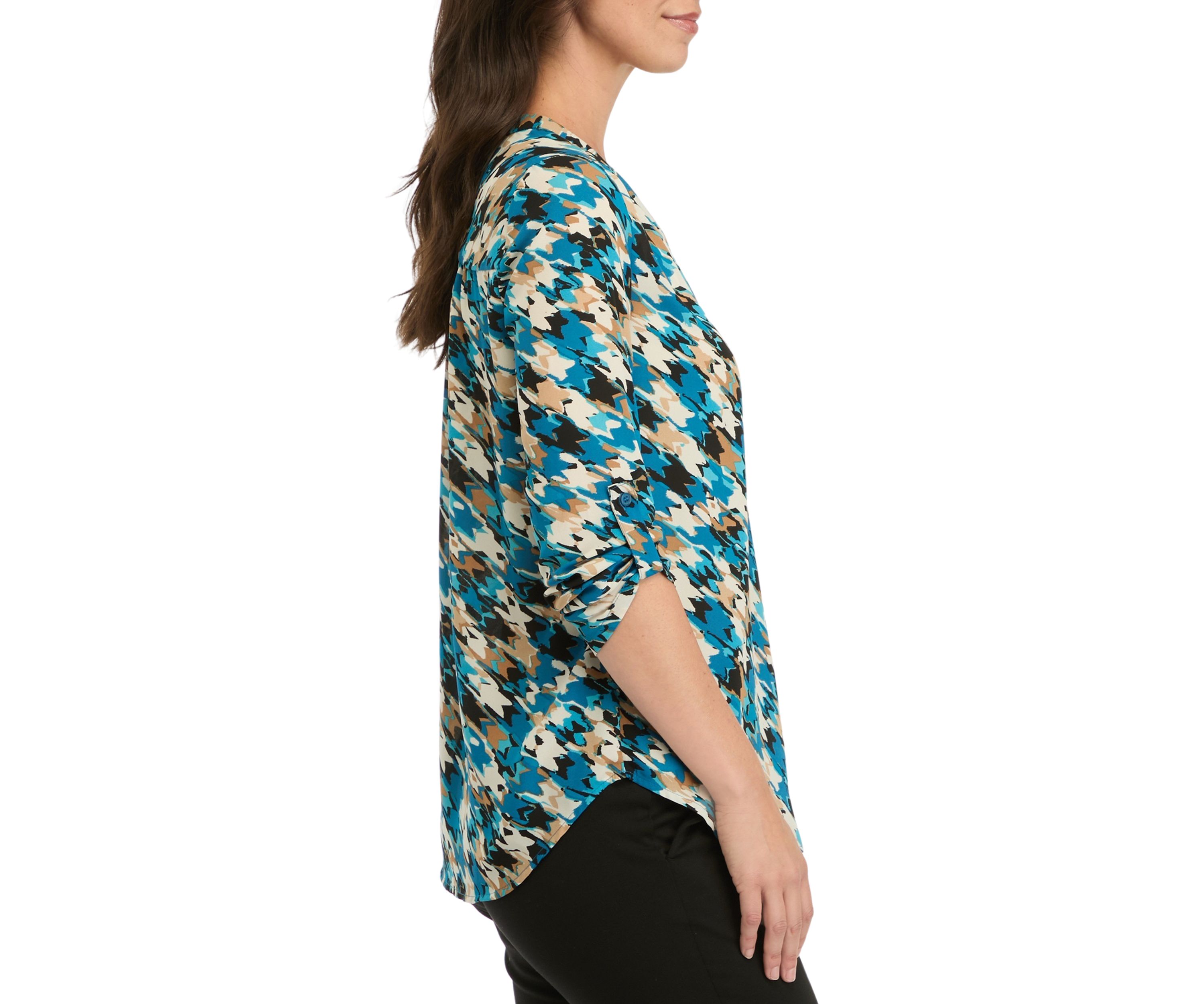 Womens Long Roll Tab  Sleeve V-Neck Printed Pleated Top 