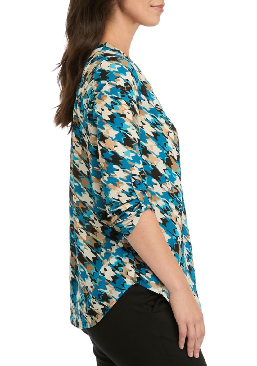 Womens Long Roll Tab  Sleeve V-Neck Printed Pleated Top 