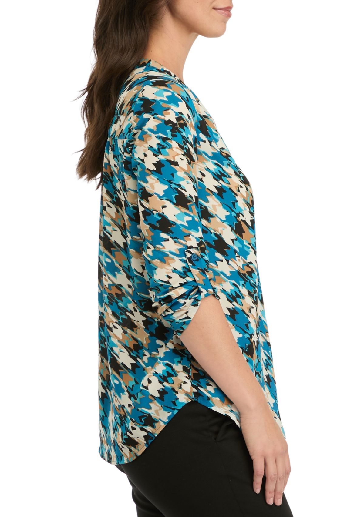 Petite V-Neck Tunic with Roll-Tab Sleeves 