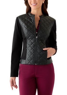 AK Anne Klein Women's Petite Quilted Faux-Leather Jacket
