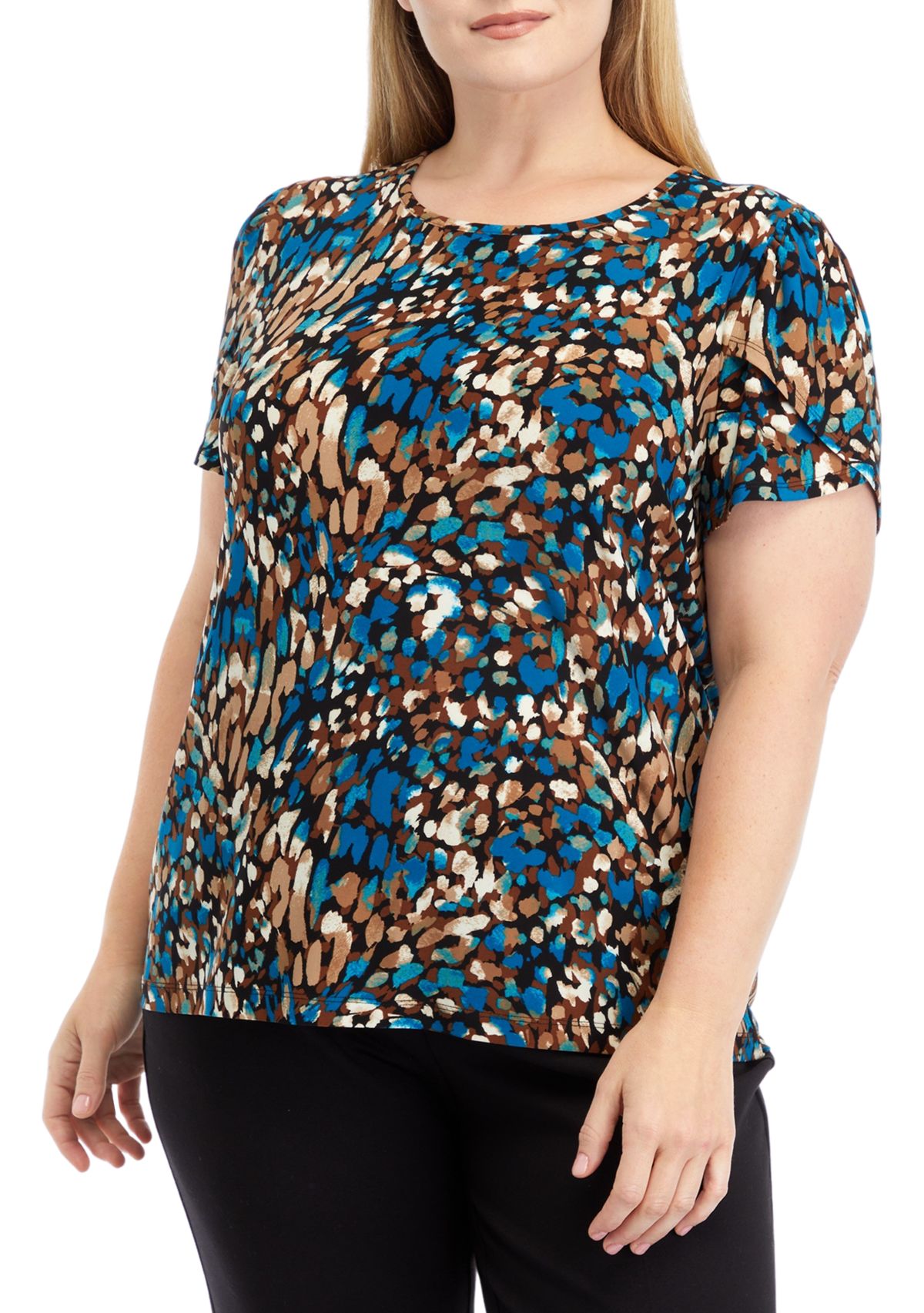 Plus Size Printed Short Gathered Tulip Sleeve Top